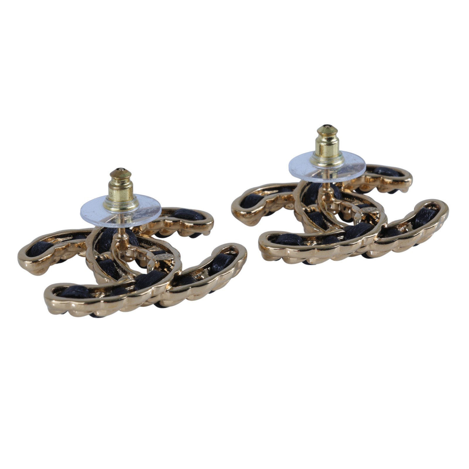 香奈兒 CHANEL CC LOGO 耳環 耳釘 B24 K 金黑皮穿鍊雙C耳環 無附屬品