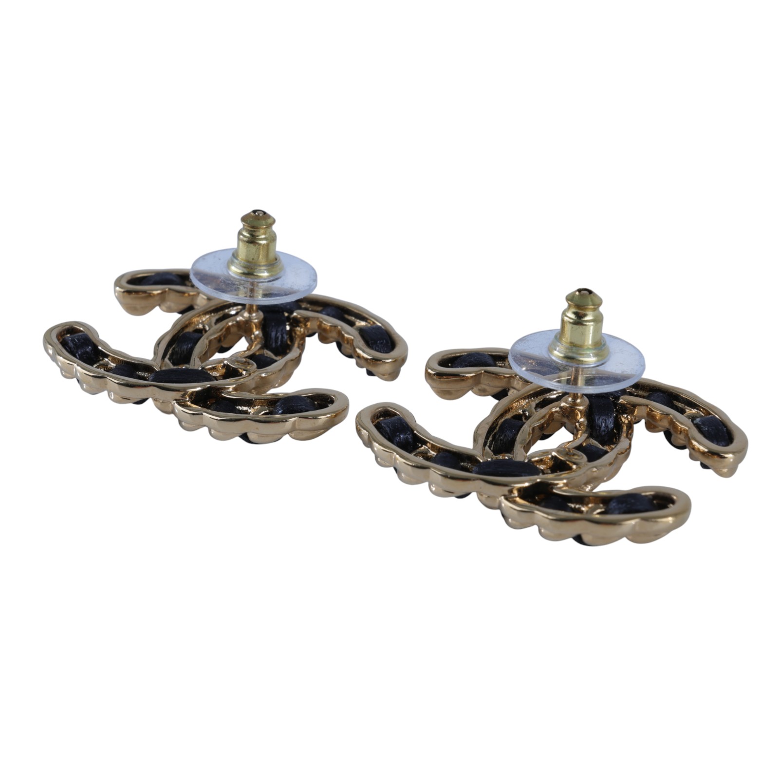 香奈兒 CHANEL CC LOGO 耳環 耳釘 B24 K 金黑皮穿鍊雙C耳環 無附屬品