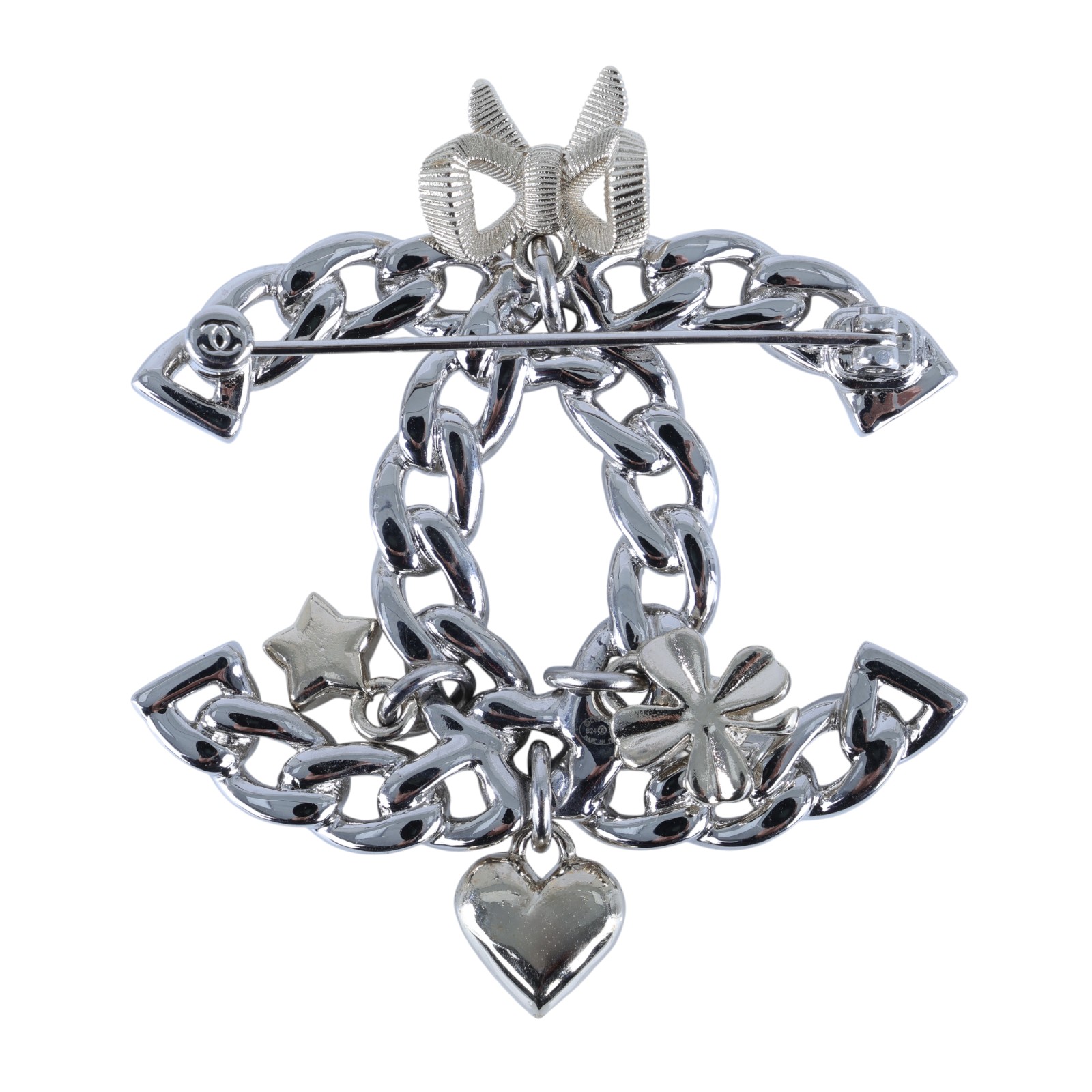 香奈兒 CHANEL CC LOGO 胸針 B25/K 雙C蝴蝶結幸運草吊飾胸針 無附屬品