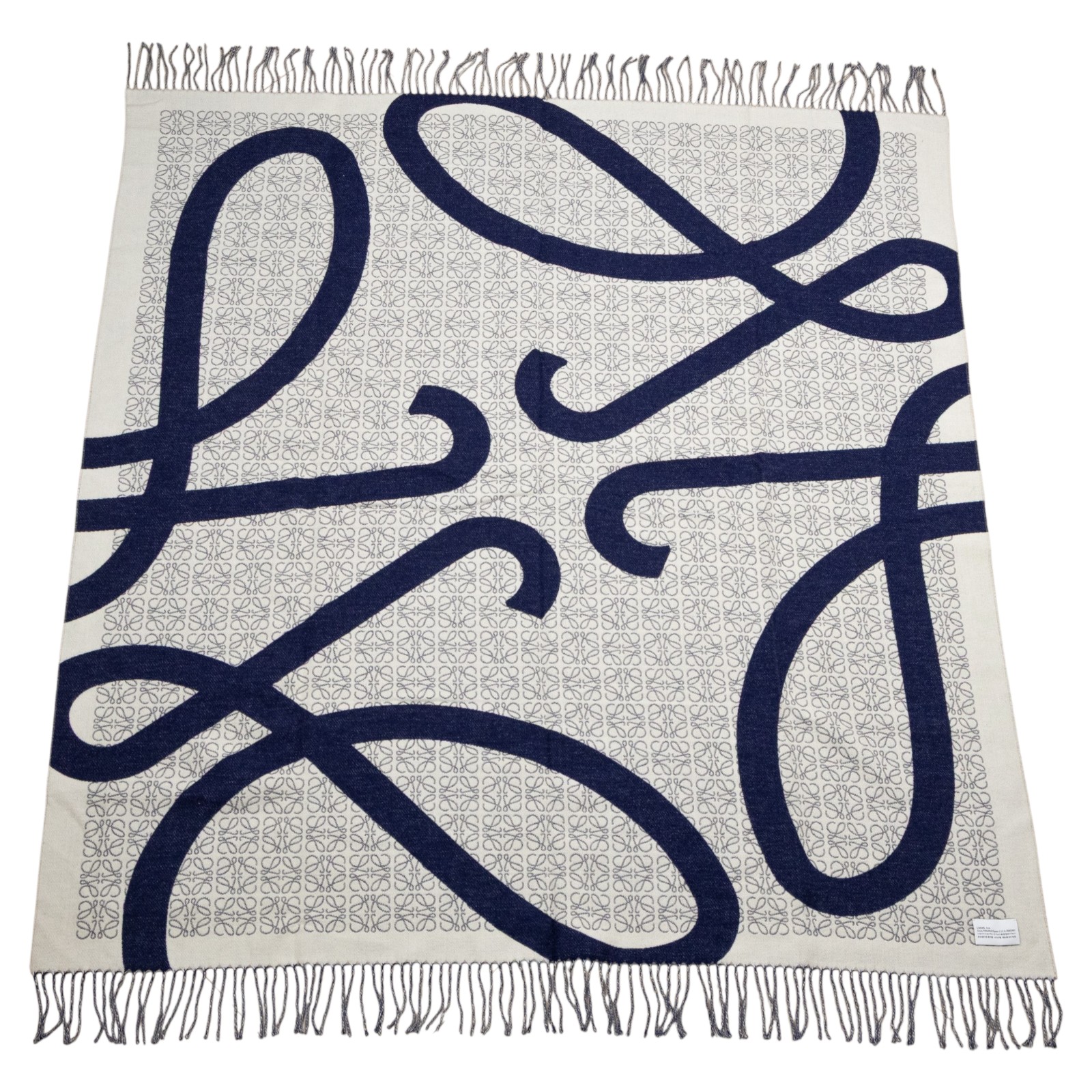 羅意威 LOEWE Anagram 羊毛毛毯 K000230X33 深藍白LOGO流蘇羊毛毯 防塵袋