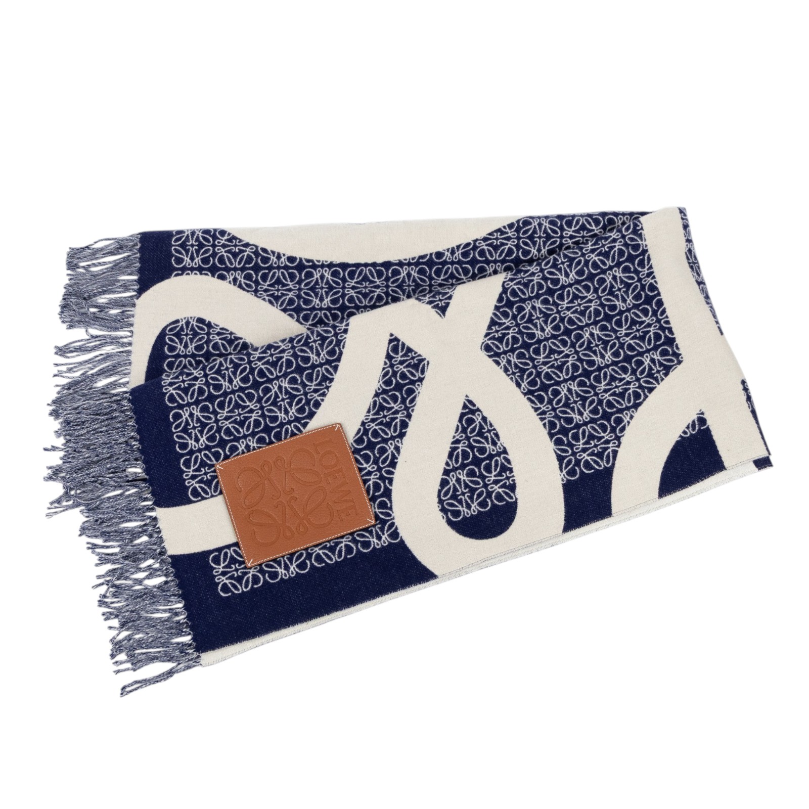 羅意威 LOEWE Anagram 羊毛毛毯 K000230X33 深藍白LOGO流蘇羊毛毯 防塵袋