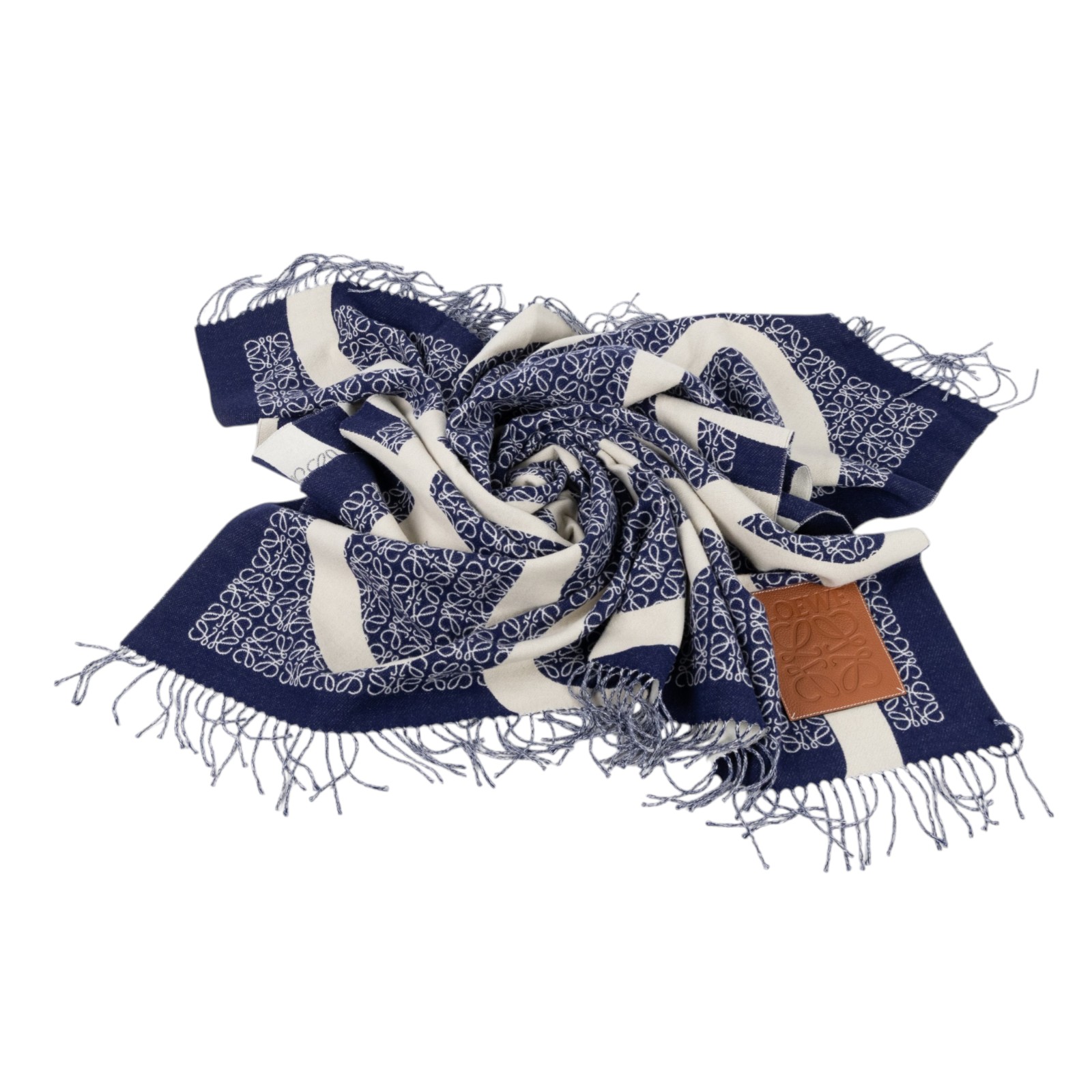 羅意威 LOEWE Anagram 羊毛毛毯 K000230X33 深藍白LOGO流蘇羊毛毯 防塵袋