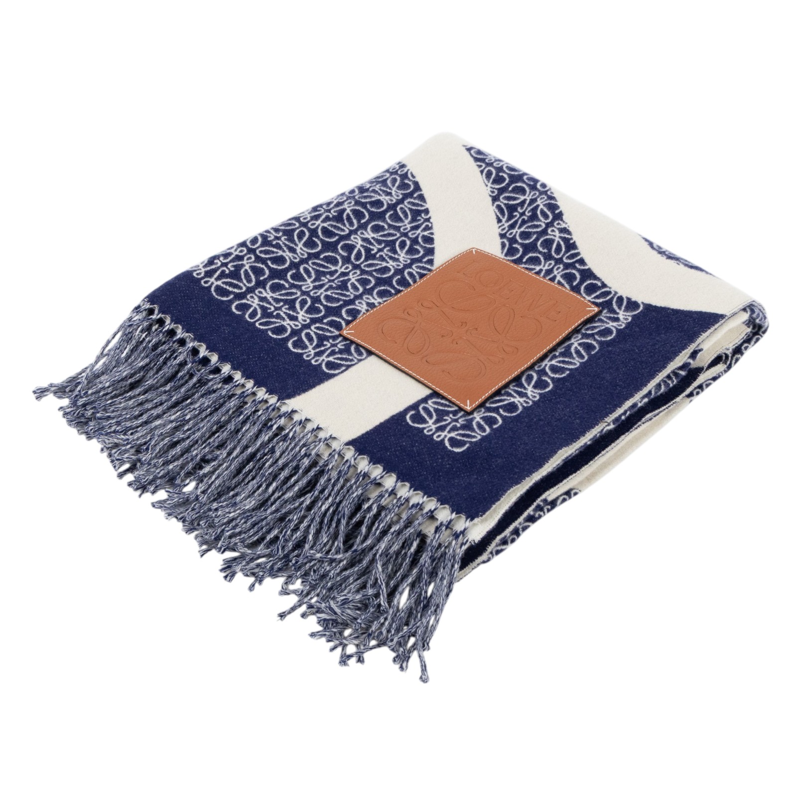 羅意威 LOEWE Anagram 羊毛毛毯 K000230X33 深藍白LOGO流蘇羊毛毯 防塵袋