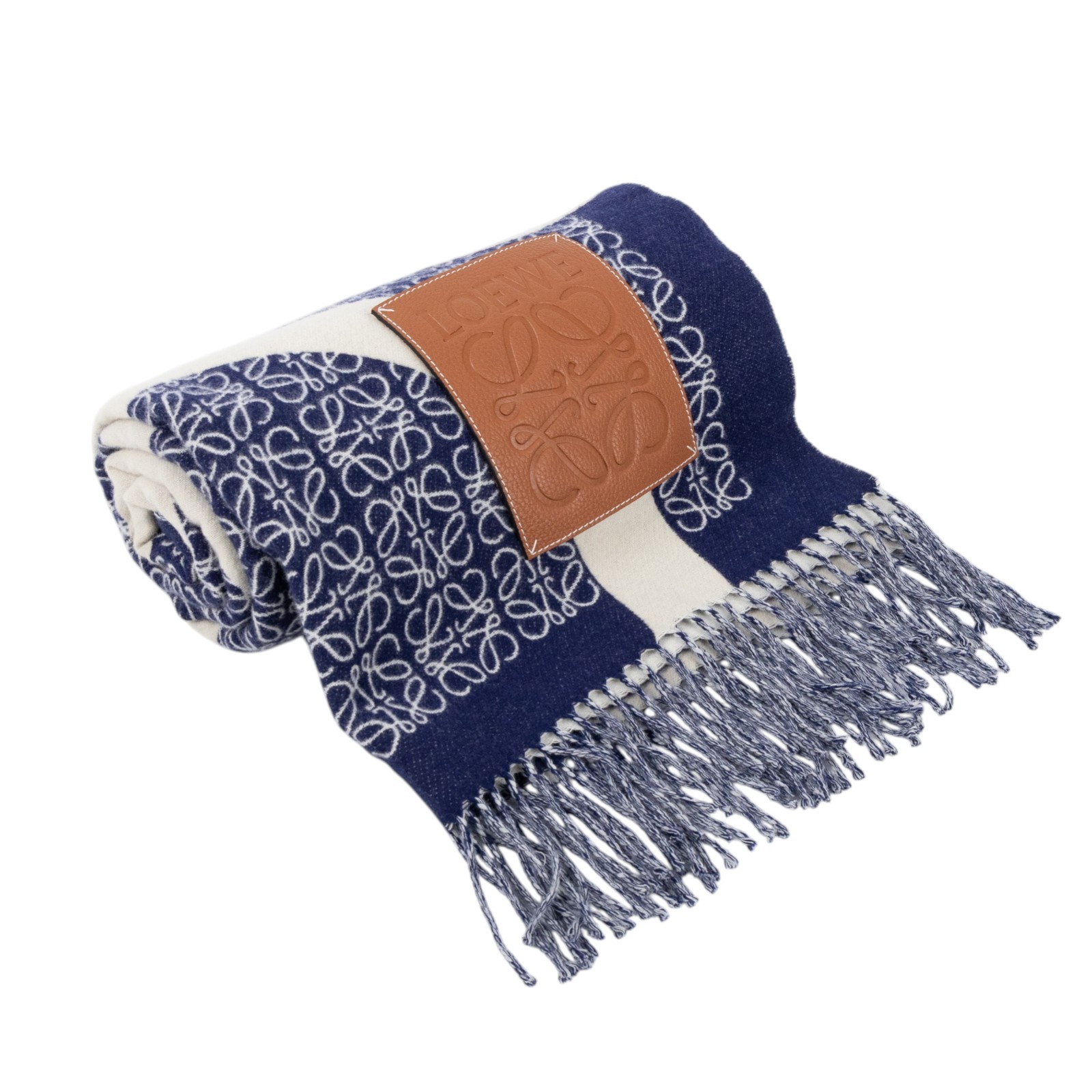 羅意威 LOEWE Anagram 羊毛毛毯 K000230X33 深藍白LOGO流蘇羊毛毯 防塵袋