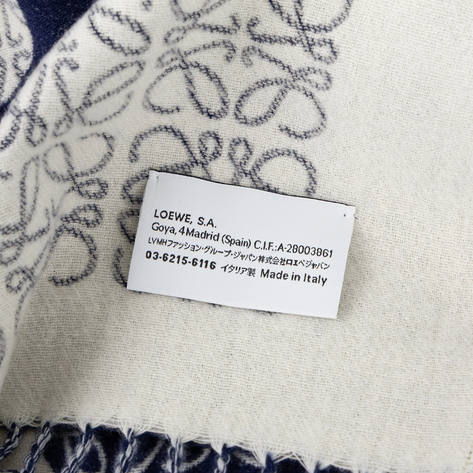 羅意威 LOEWE Anagram 羊毛毛毯 K000230X33 深藍白LOGO流蘇羊毛毯 防塵袋