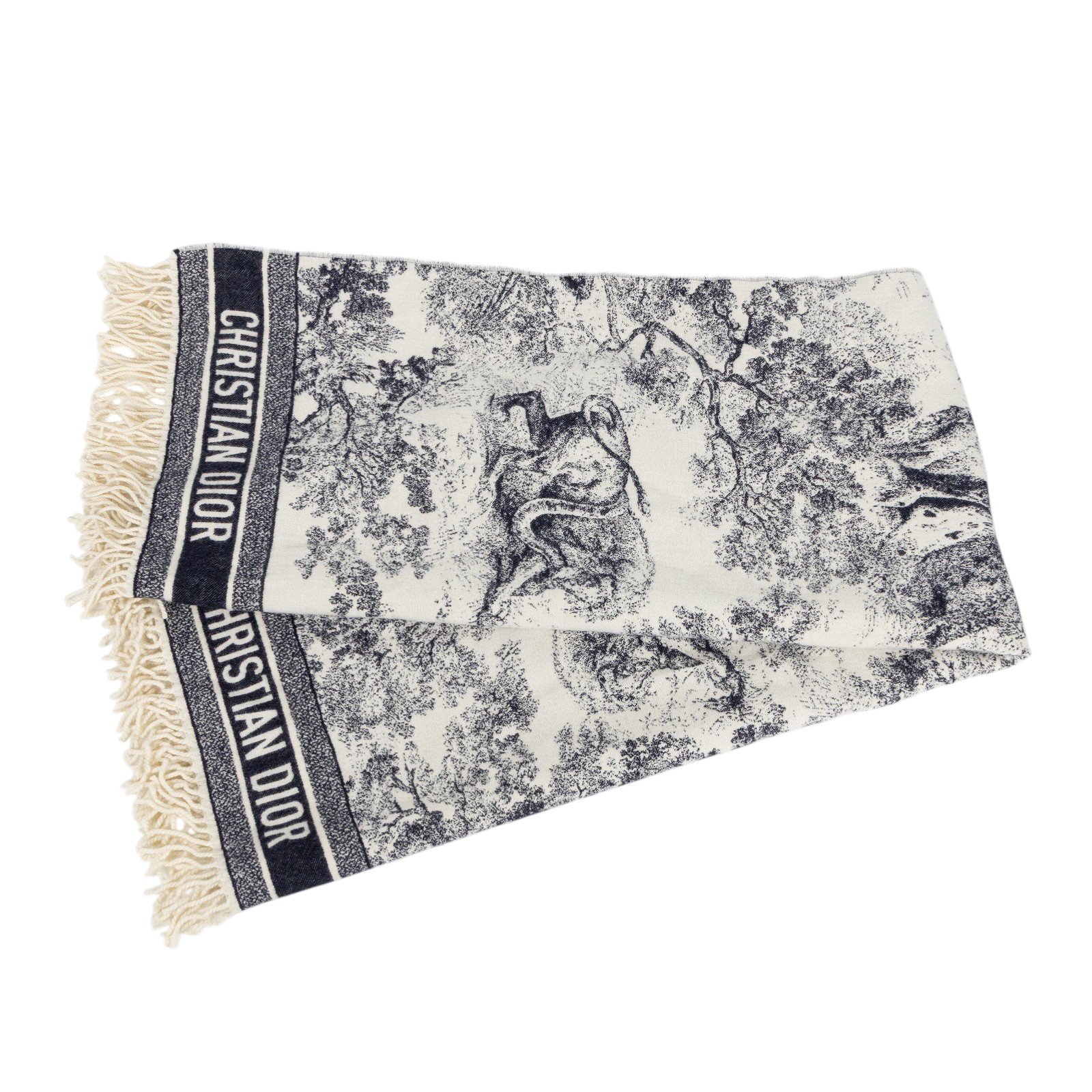迪奧 CHRISTIAN DIOR Toile de Jouy 叢林系列 圍巾 披肩 毛毯 91DFI1401057 深藍白動物流蘇毛毯 防塵袋