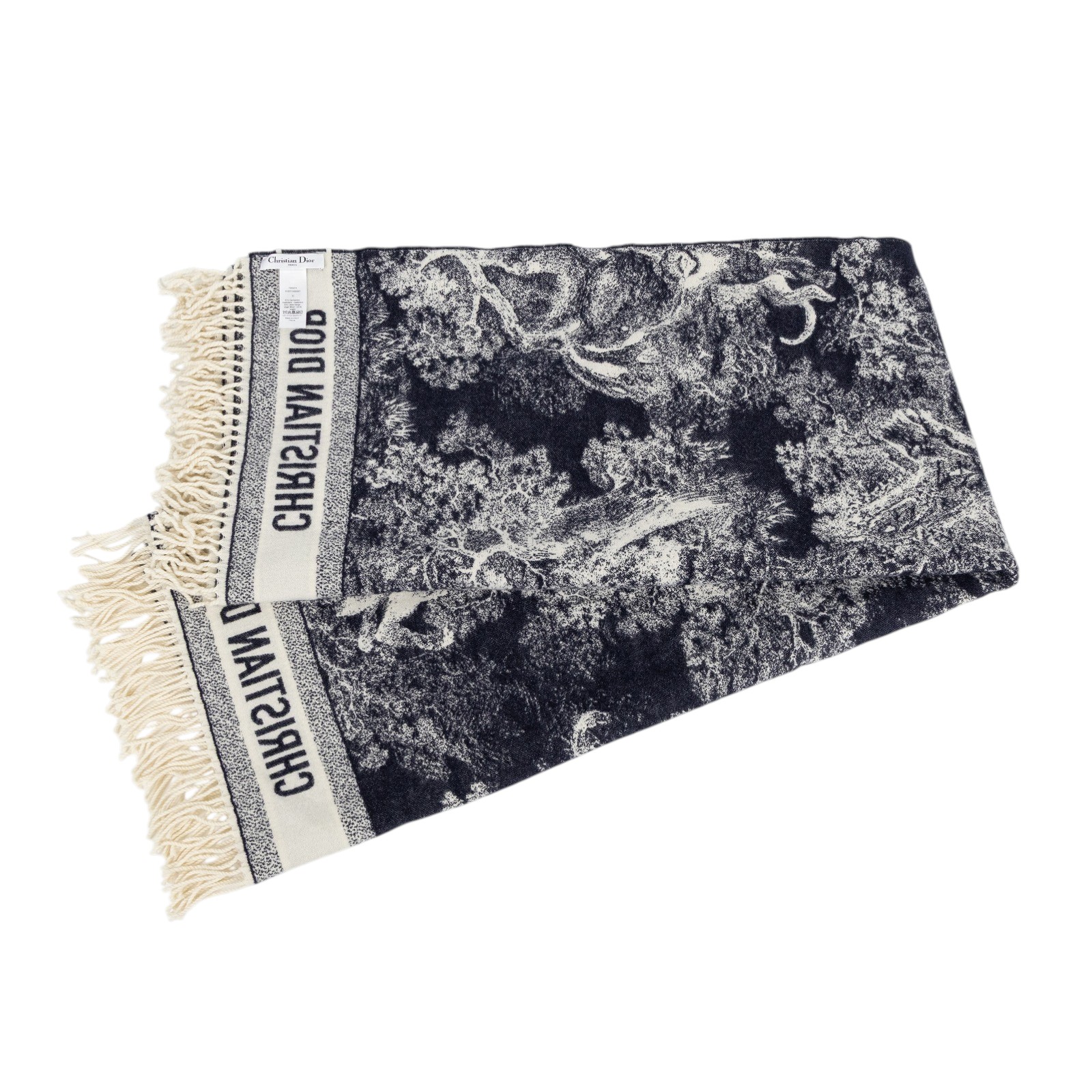迪奧 CHRISTIAN DIOR Toile de Jouy 叢林系列 圍巾 披肩 毛毯 91DFI1401057 深藍白動物流蘇毛毯 防塵袋