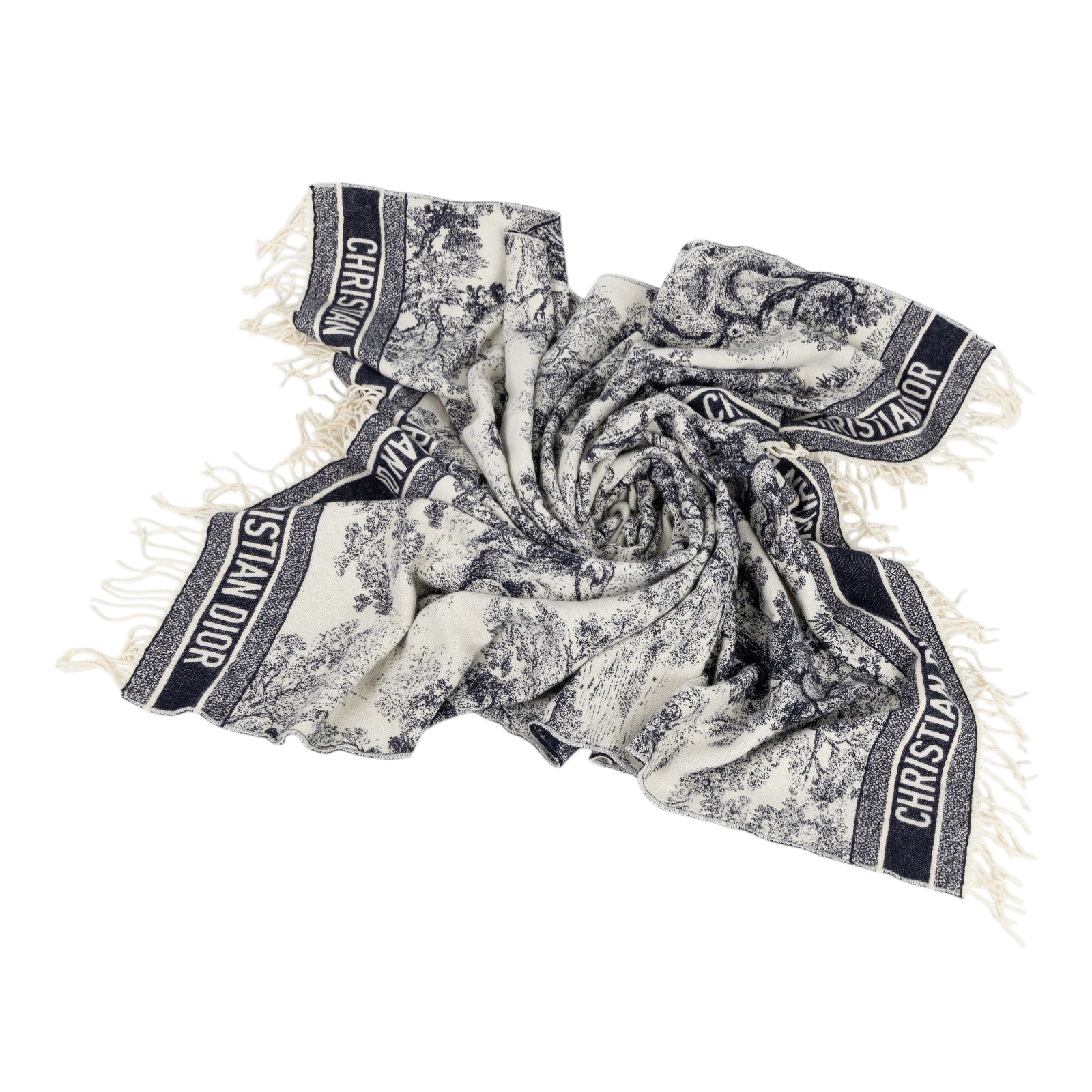 迪奧 CHRISTIAN DIOR Toile de Jouy 叢林系列 圍巾 披肩 毛毯 91DFI1401057 深藍白動物流蘇毛毯 防塵袋