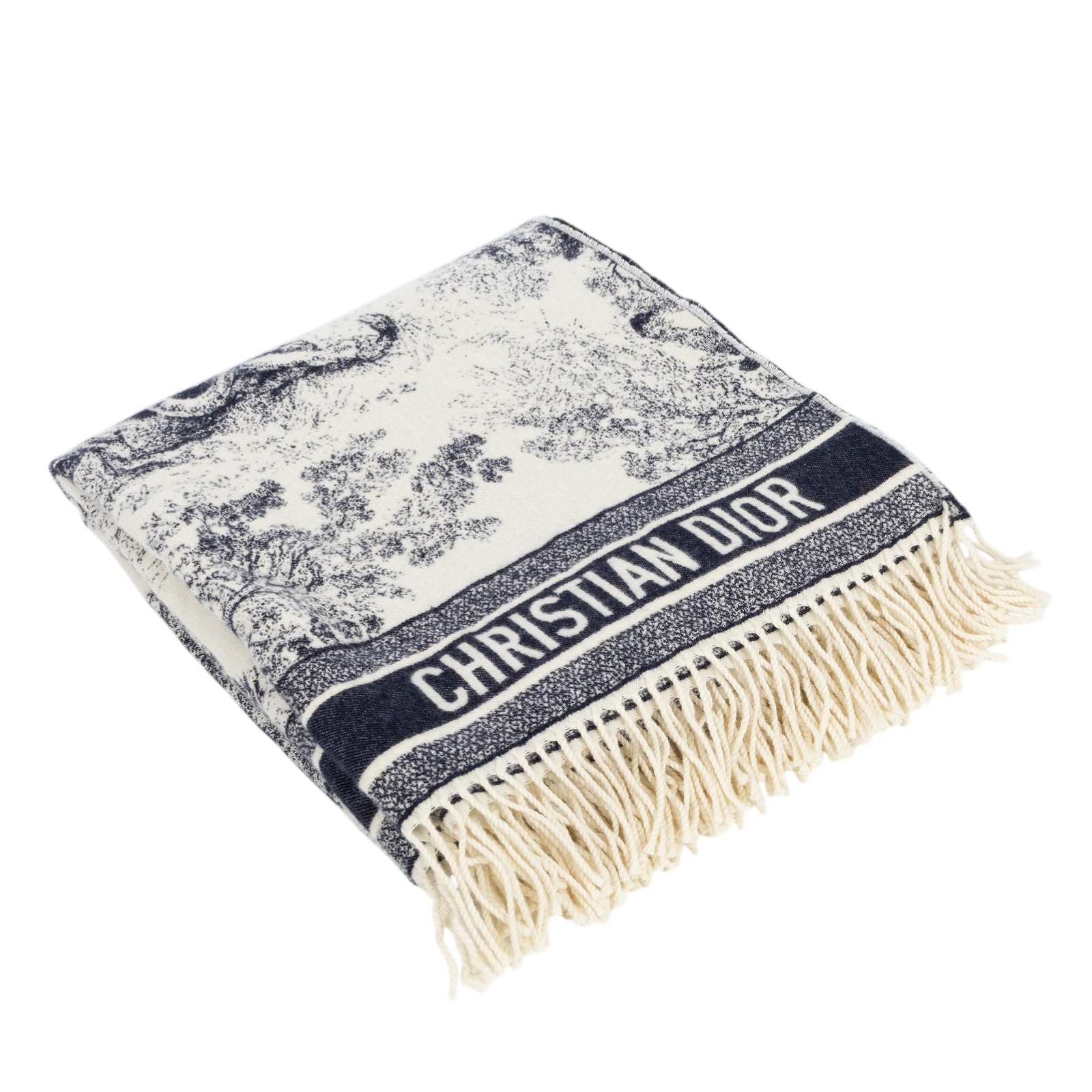 迪奧 CHRISTIAN DIOR Toile de Jouy 叢林系列 圍巾 披肩 毛毯 91DFI1401057 深藍白動物流蘇毛毯 防塵袋