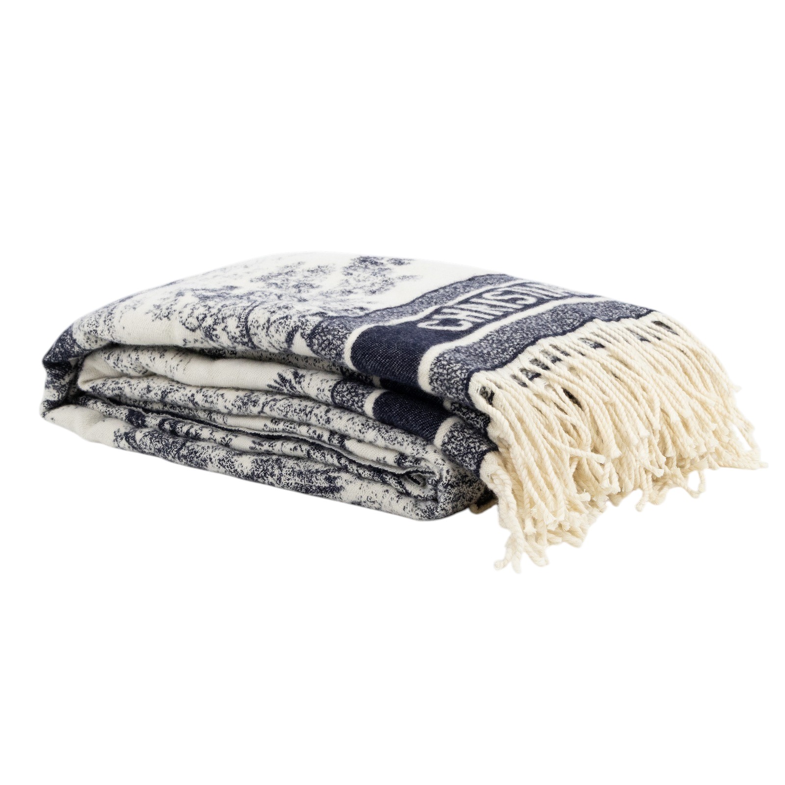 迪奧 CHRISTIAN DIOR Toile de Jouy 叢林系列 圍巾 披肩 毛毯 91DFI1401057 深藍白動物流蘇毛毯 防塵袋