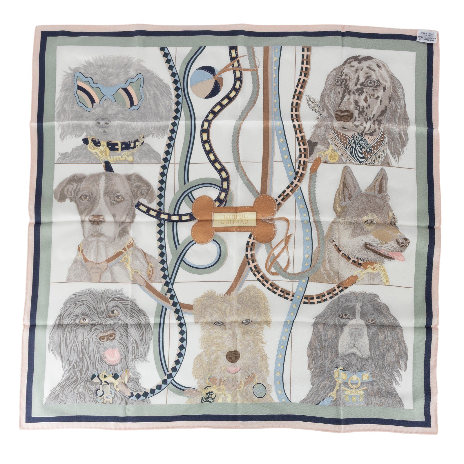 愛馬仕 Hermes Jour de Casting 70 方巾 淺玫瑰色 白色 黏土綠 H984213Sv02  狗狗選角日絲巾65X65 原廠盒子