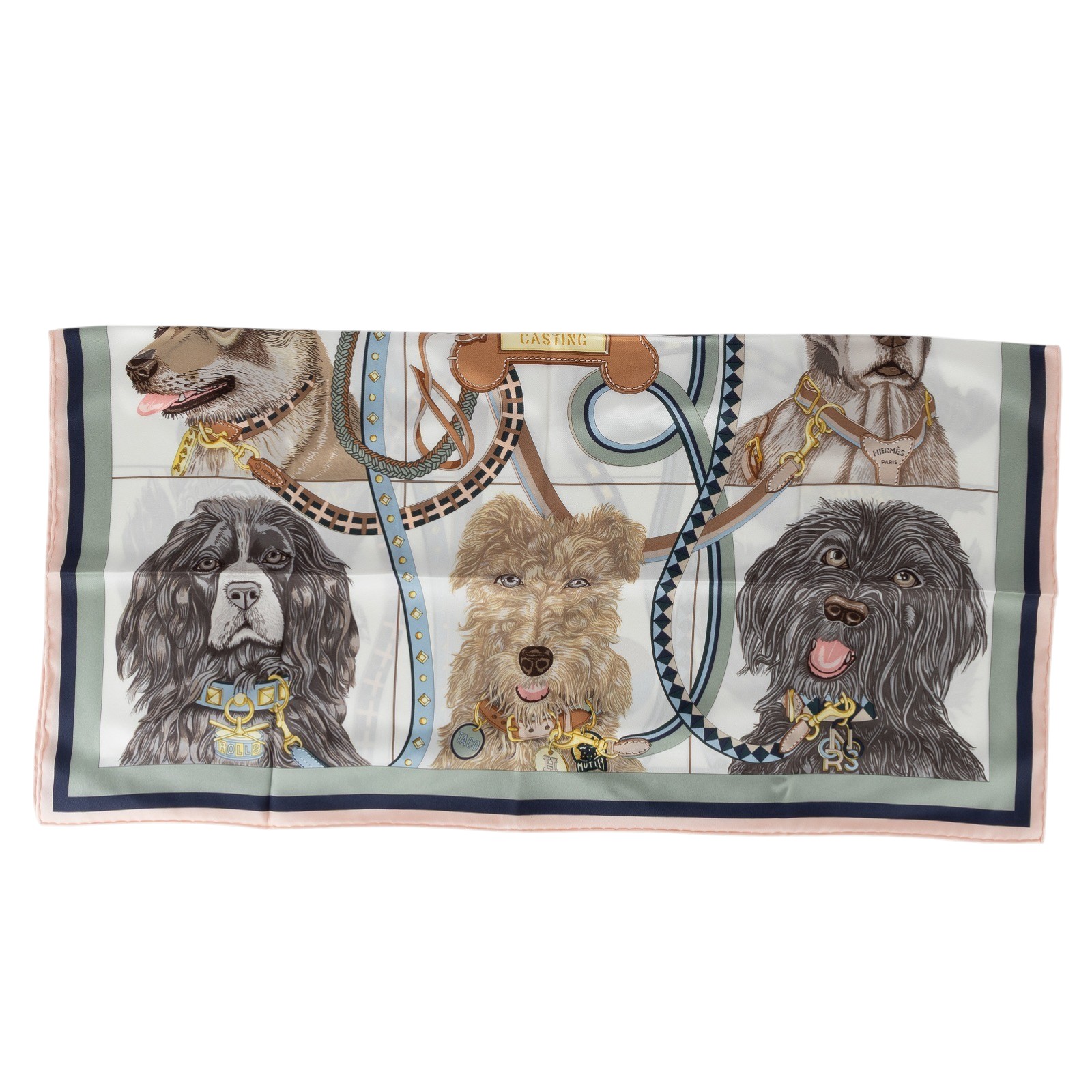 愛馬仕 Hermes Jour de Casting 70 方巾 淺玫瑰色 白色 黏土綠 H984213Sv02  狗狗選角日絲巾65X65 原廠盒子