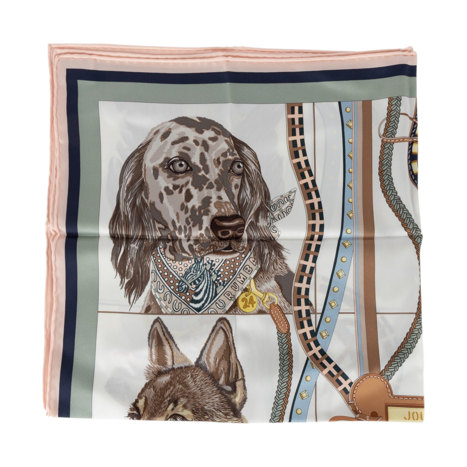 愛馬仕 Hermes Jour de Casting 70 方巾 淺玫瑰色 白色 黏土綠 H984213Sv02  狗狗選角日絲巾65X65 原廠盒子