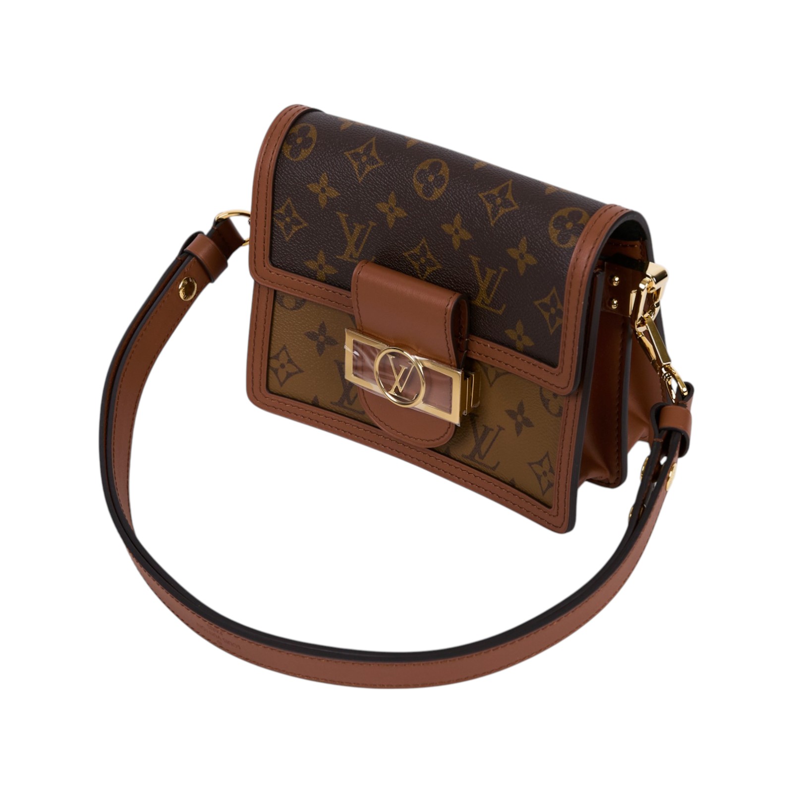 路易威登 LOUIS VUITTON Mini Dauphine 達芙妮 Reverse皮革飾邊 帆布肩背 斜背包 M45959 晶片款  原廠盒子/防塵袋