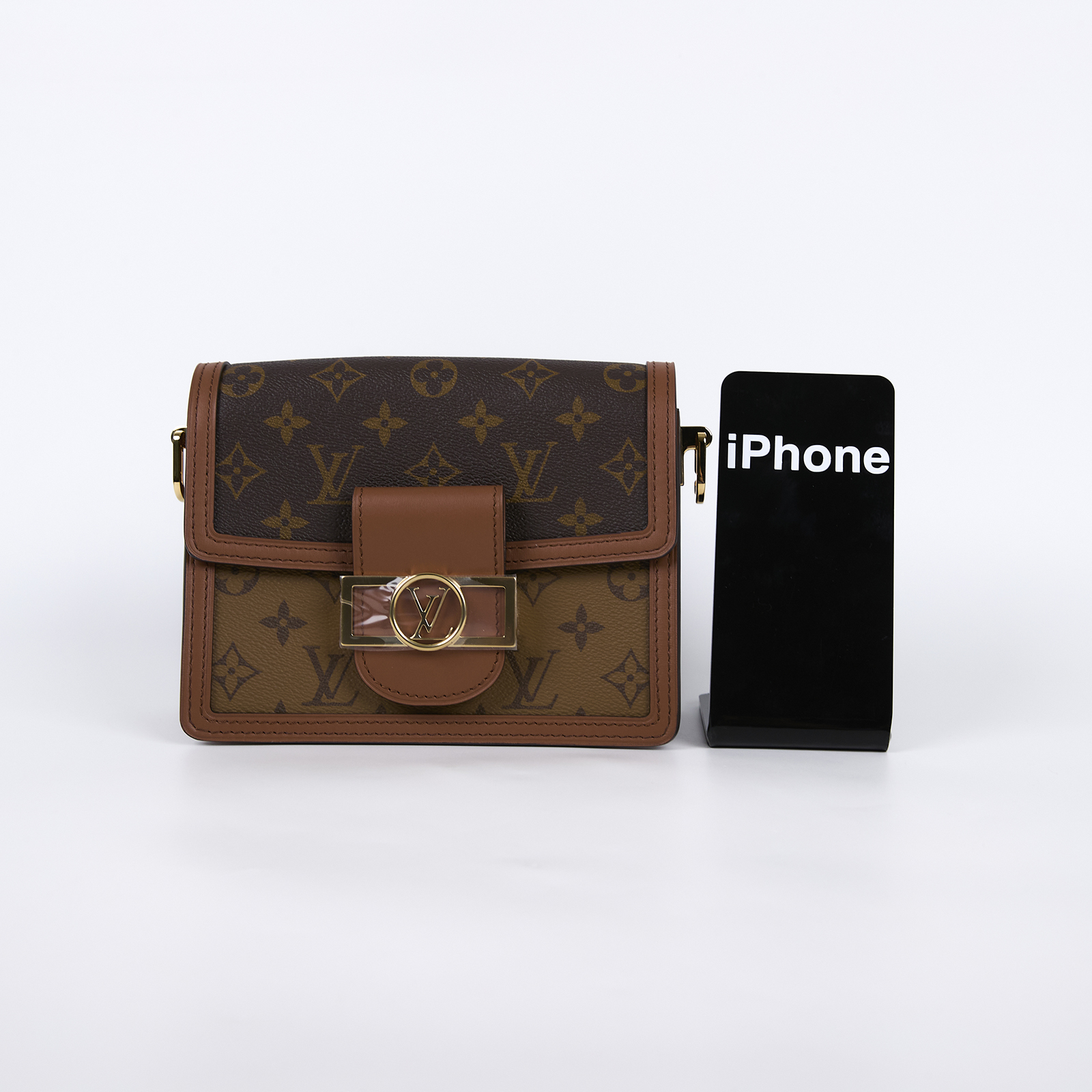 路易威登 LOUIS VUITTON Mini Dauphine 達芙妮 Reverse皮革飾邊 帆布肩背 斜背包 M45959 晶片款  原廠盒子/防塵袋