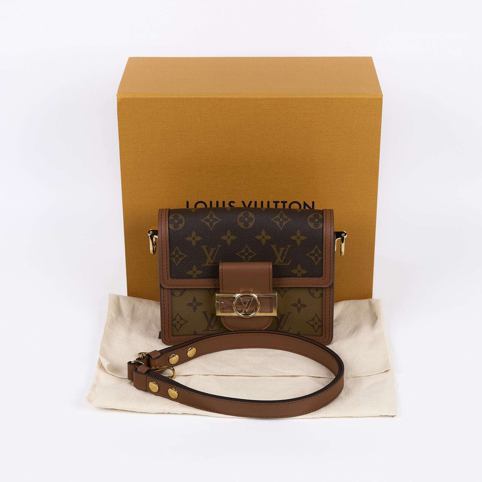 路易威登 LOUIS VUITTON Mini Dauphine 達芙妮 Reverse皮革飾邊 帆布肩背 斜背包 M45959 晶片款  原廠盒子/防塵袋