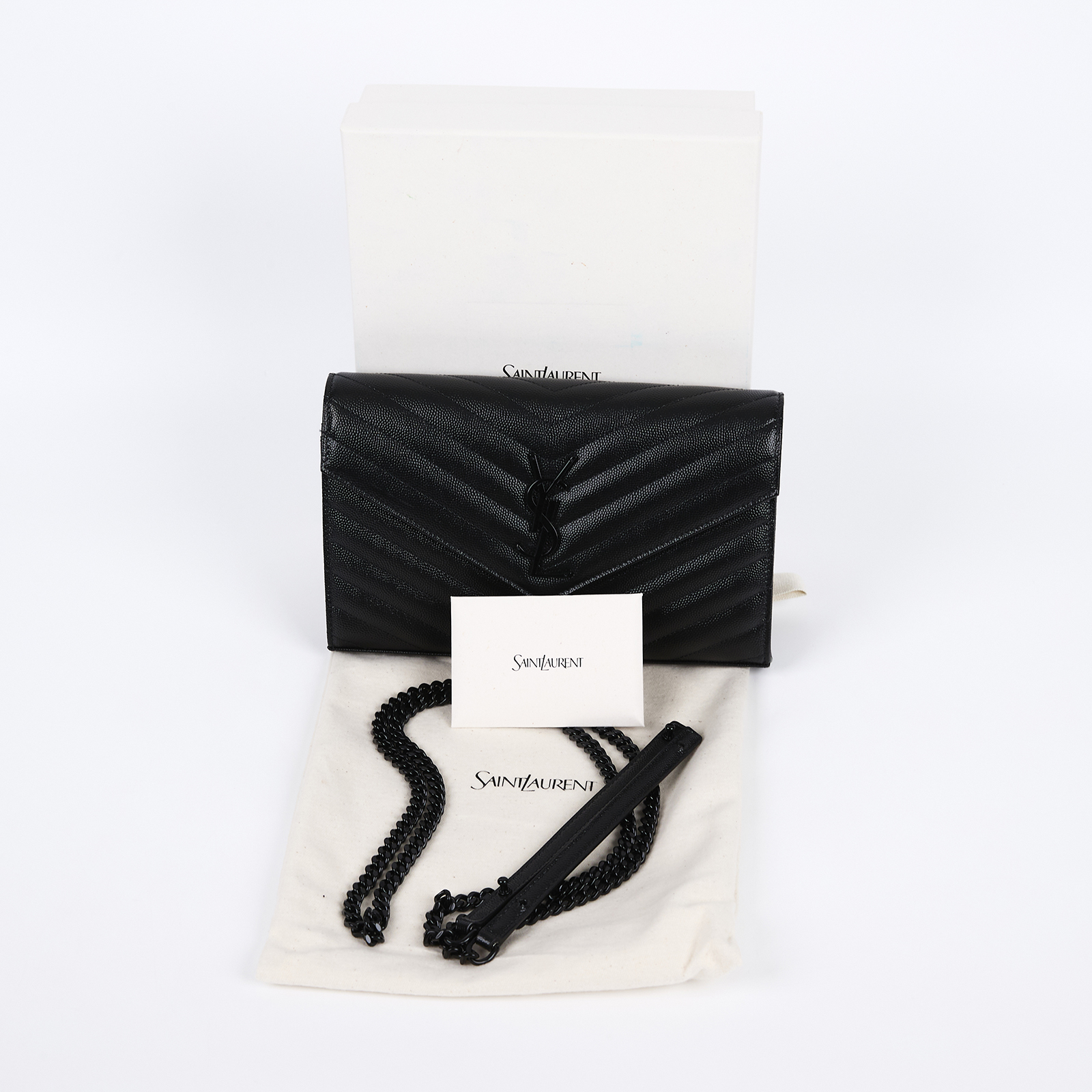 聖羅蘭 YSL SAINT LAURENT Cassandre 經典粒面皮革 鏈條 錢包 同色五金 377828BOW08  原廠盒子/防塵袋