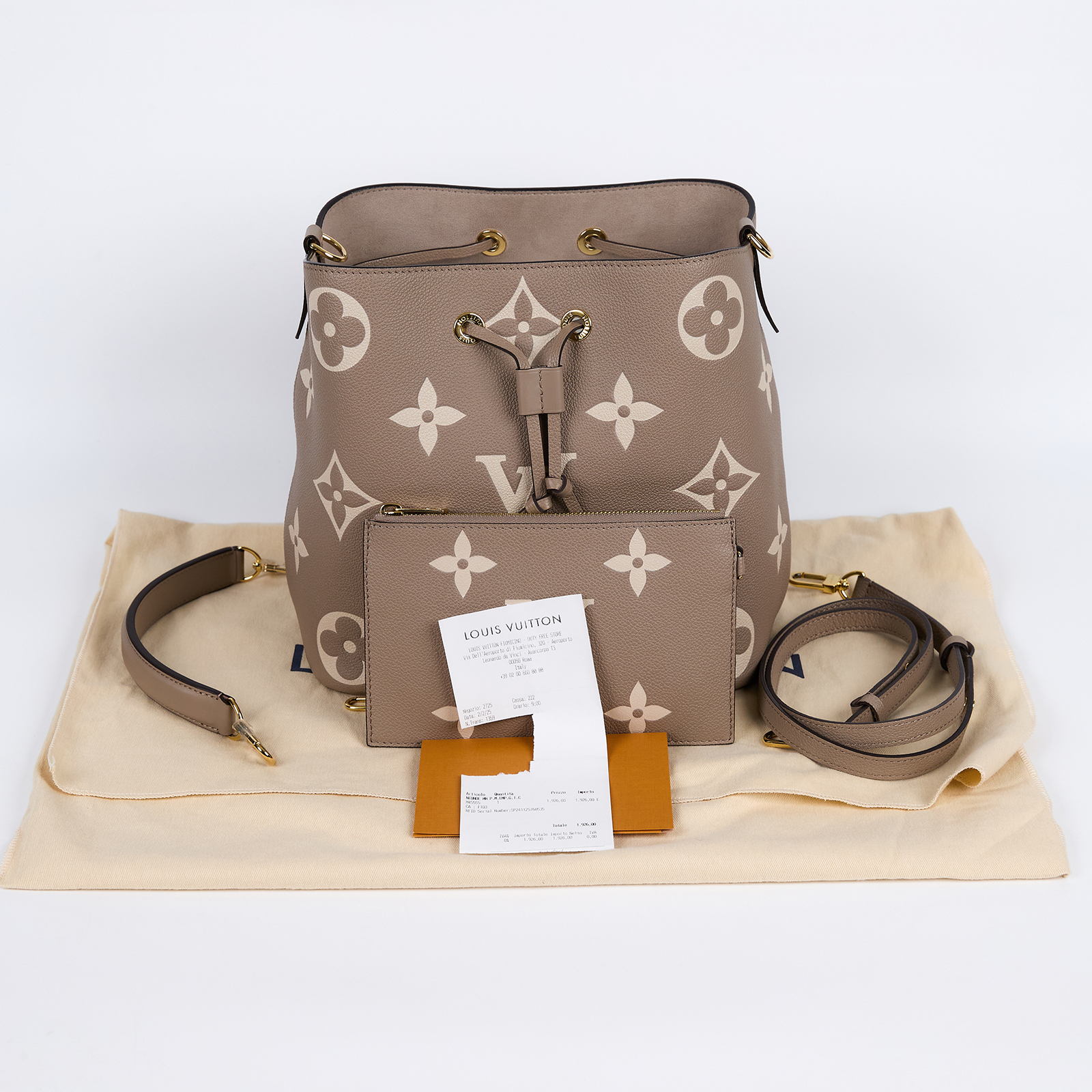 路易威登 LOUIS VUITTON NéoNoé MM 皮革 肩背 水桶包 斑鳩灰色/奶油色 M45555 晶片款  防塵袋/購買證明/內袋/手提把/背帶