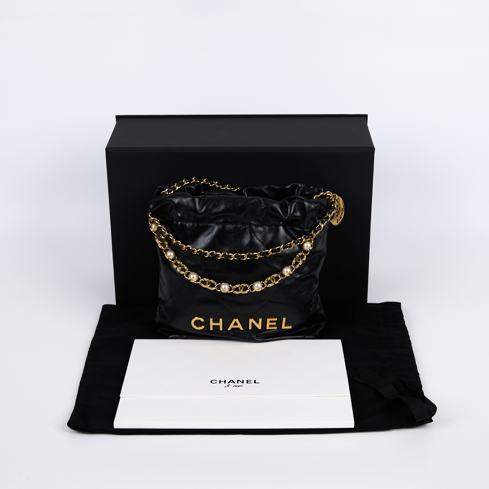 香奈兒 CHANEL 22 迷你 束口包 仿珍珠 AS3980 B17401 晶片款 黑金22BAG MINI 原廠盒子/防塵袋