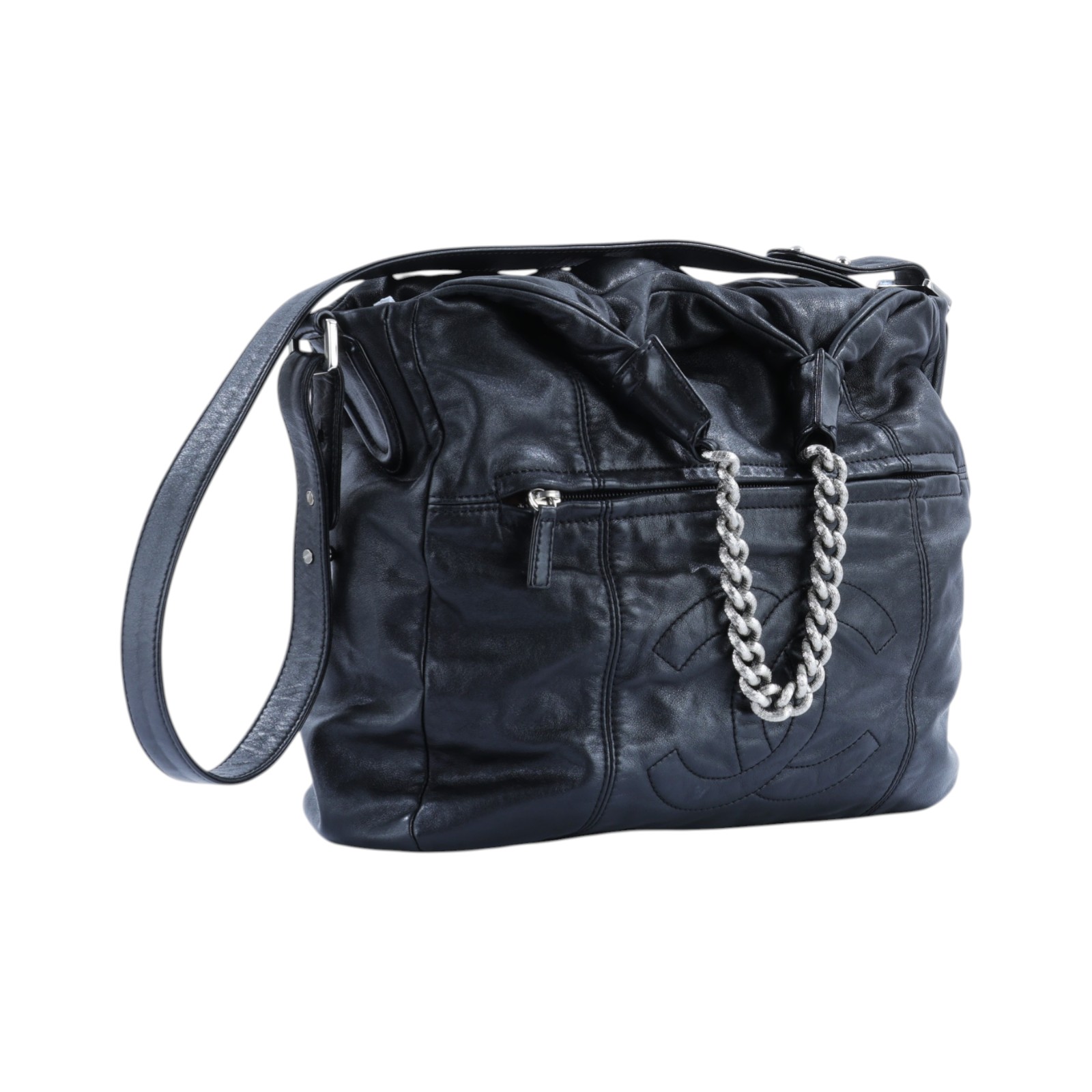 香奈兒 CHANEL 手提 肩背包  13開黑銀羊雙帶肩背包 無附屬品