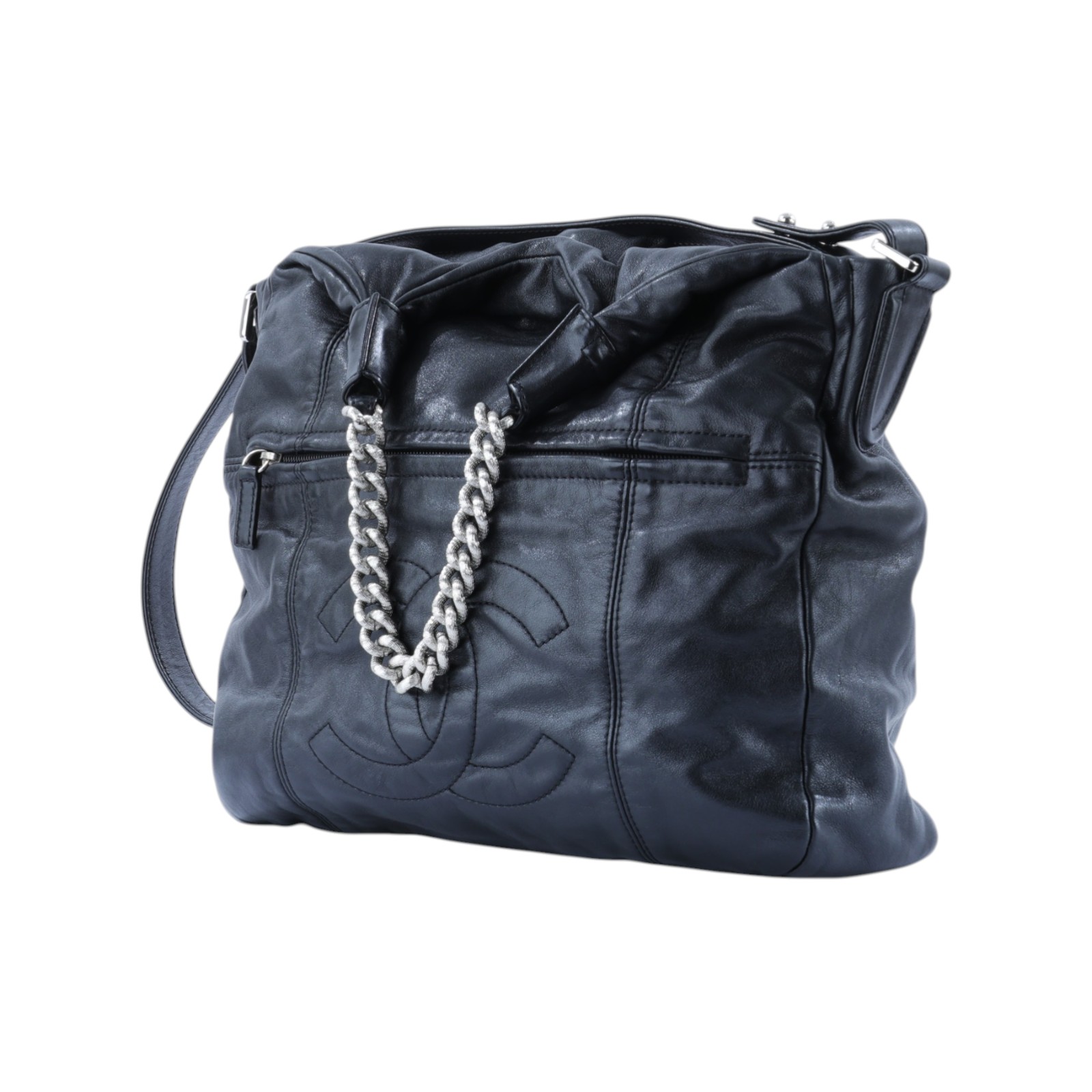 香奈兒 CHANEL 手提 肩背包  13開黑銀羊雙帶肩背包 無附屬品