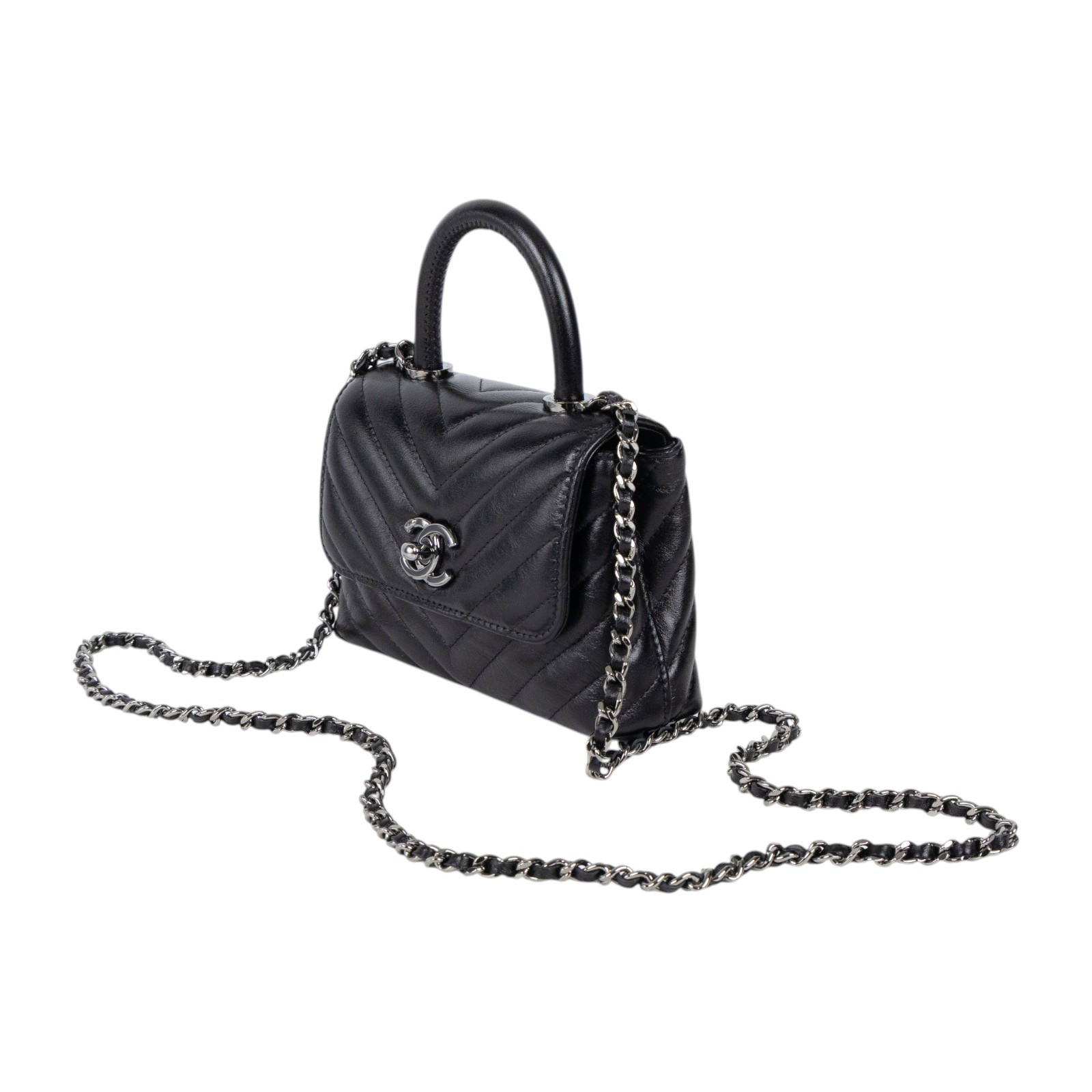 香奈兒 CHANEL Handle 手提 口蓋包 迷你 AP4244 B22135 晶片款 黑銀山型紋coco handle Micro 原廠盒子/防塵袋/購買證明