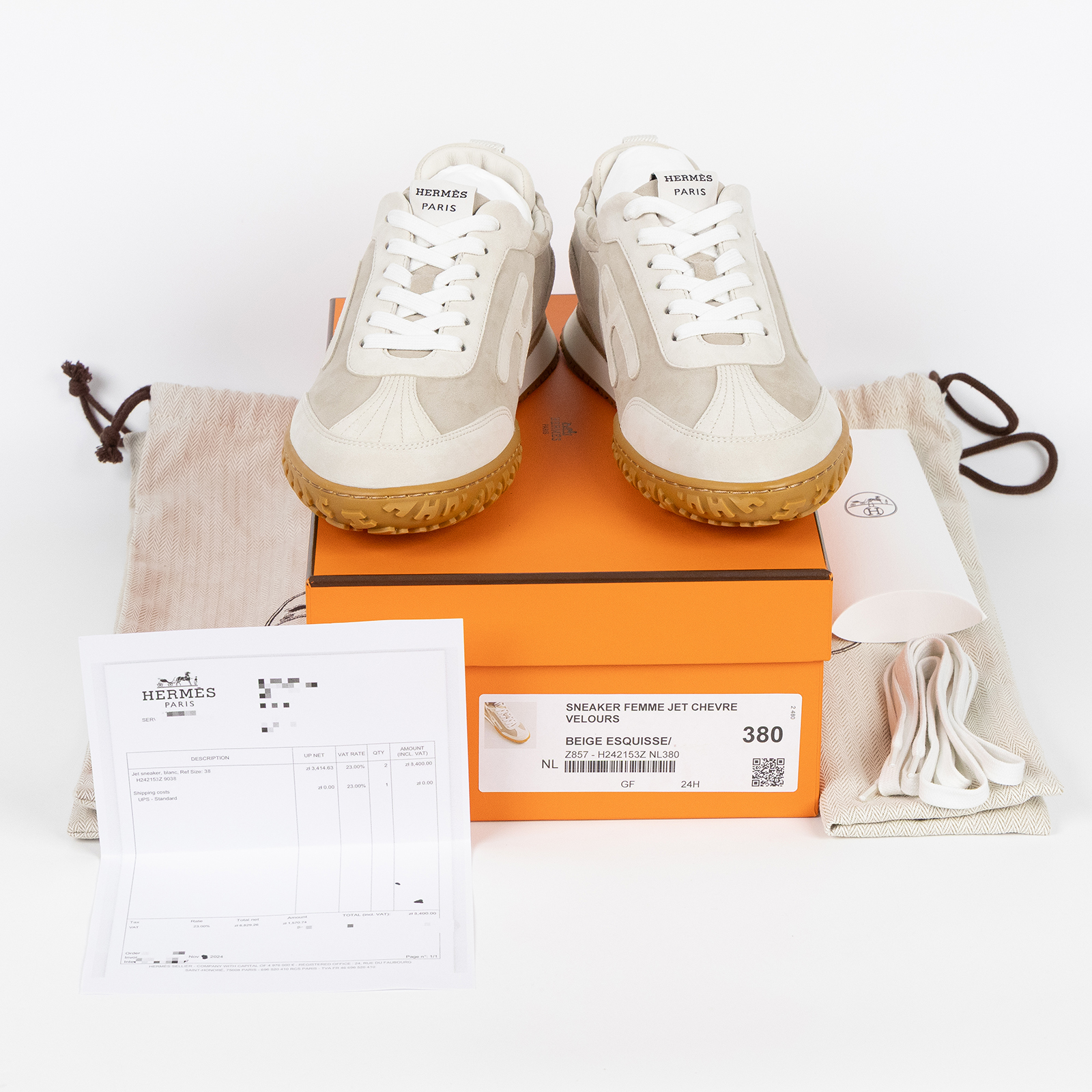 愛馬仕 Hermes Jet 運動鞋 女鞋 H242153ZvNL380 /#38 北極灰麂皮Jet運動鞋 原廠盒子/影印購買證明/鞋帶