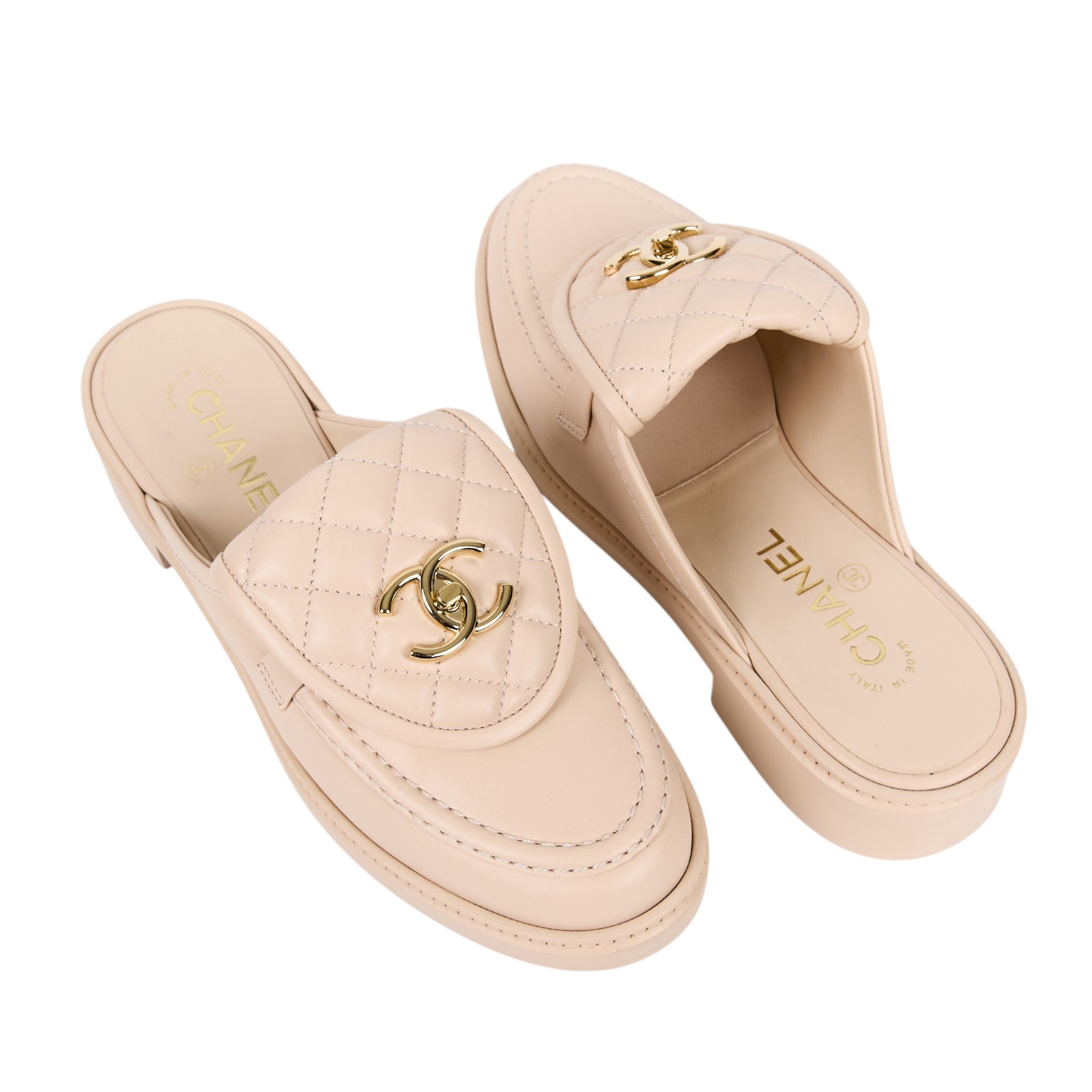 香奈兒 CHANEL 涼鞋 拖鞋 G46120_38 杏金牛菱格雙C穆勒鞋 原廠盒子/防塵袋