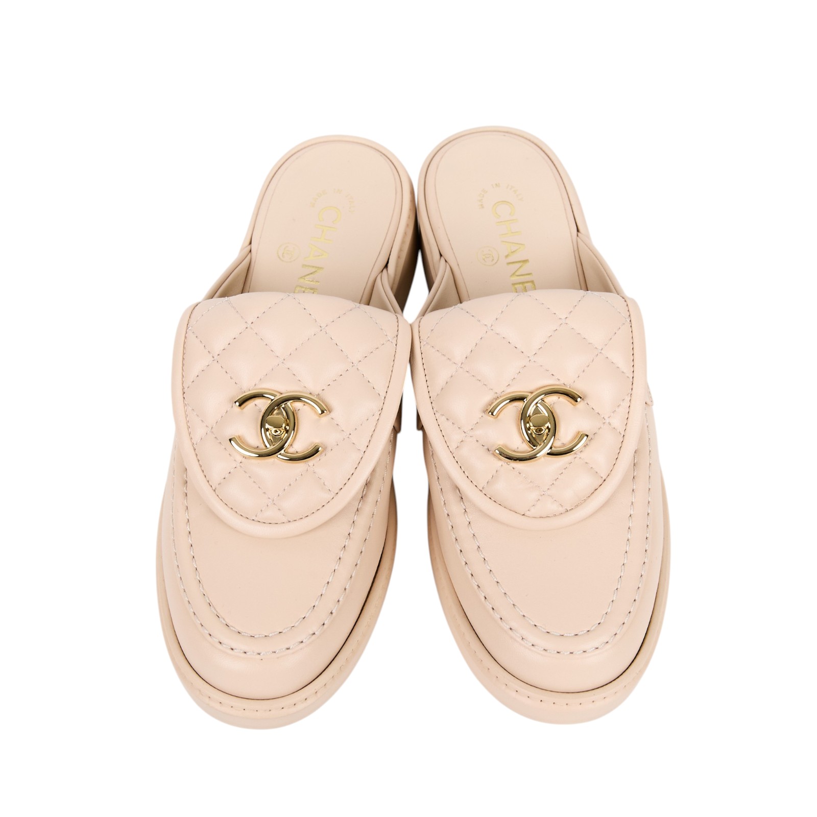 香奈兒 CHANEL 涼鞋 拖鞋 G46120_38 杏金牛菱格雙C穆勒鞋 原廠盒子/防塵袋