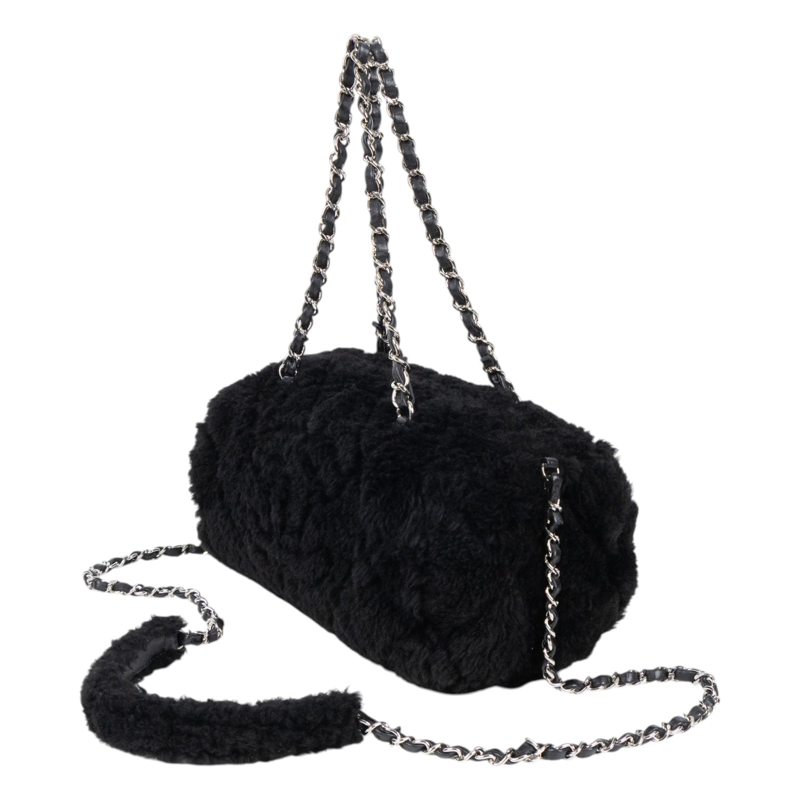 香奈兒 CHANEL Barrel Bag Quilted Fur 小型肩背包  晶片款 黑毛毛斜背包 無附屬品