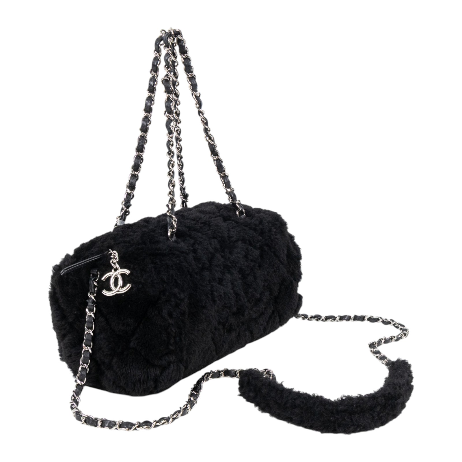 香奈兒 CHANEL Barrel Bag Quilted Fur 小型肩背包  晶片款 黑毛毛斜背包 無附屬品