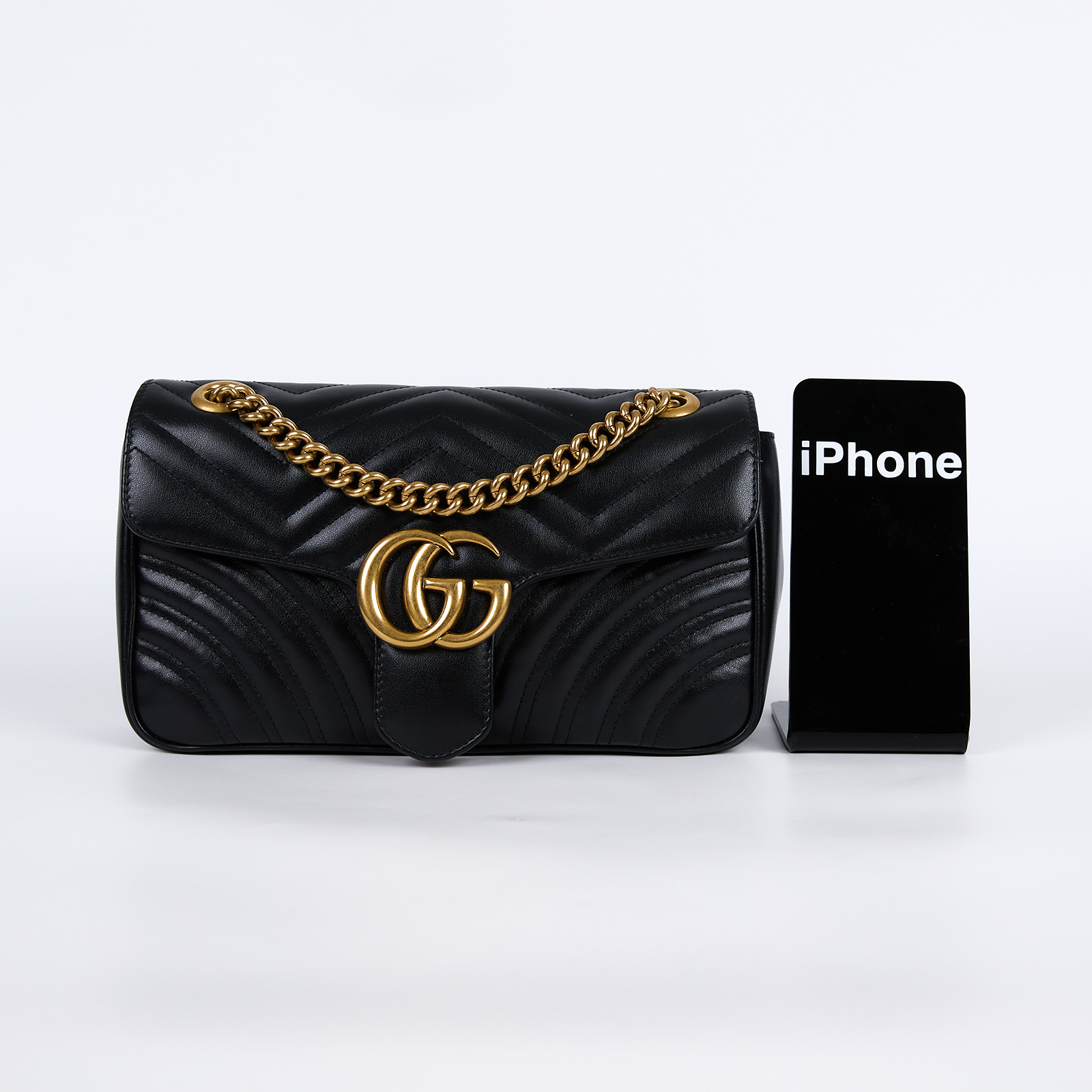 古馳 GUCCI GG Marmont 小型 絎縫 肩揹袋 443497 DTDIT 黑金MARMONT 26CM 防塵袋