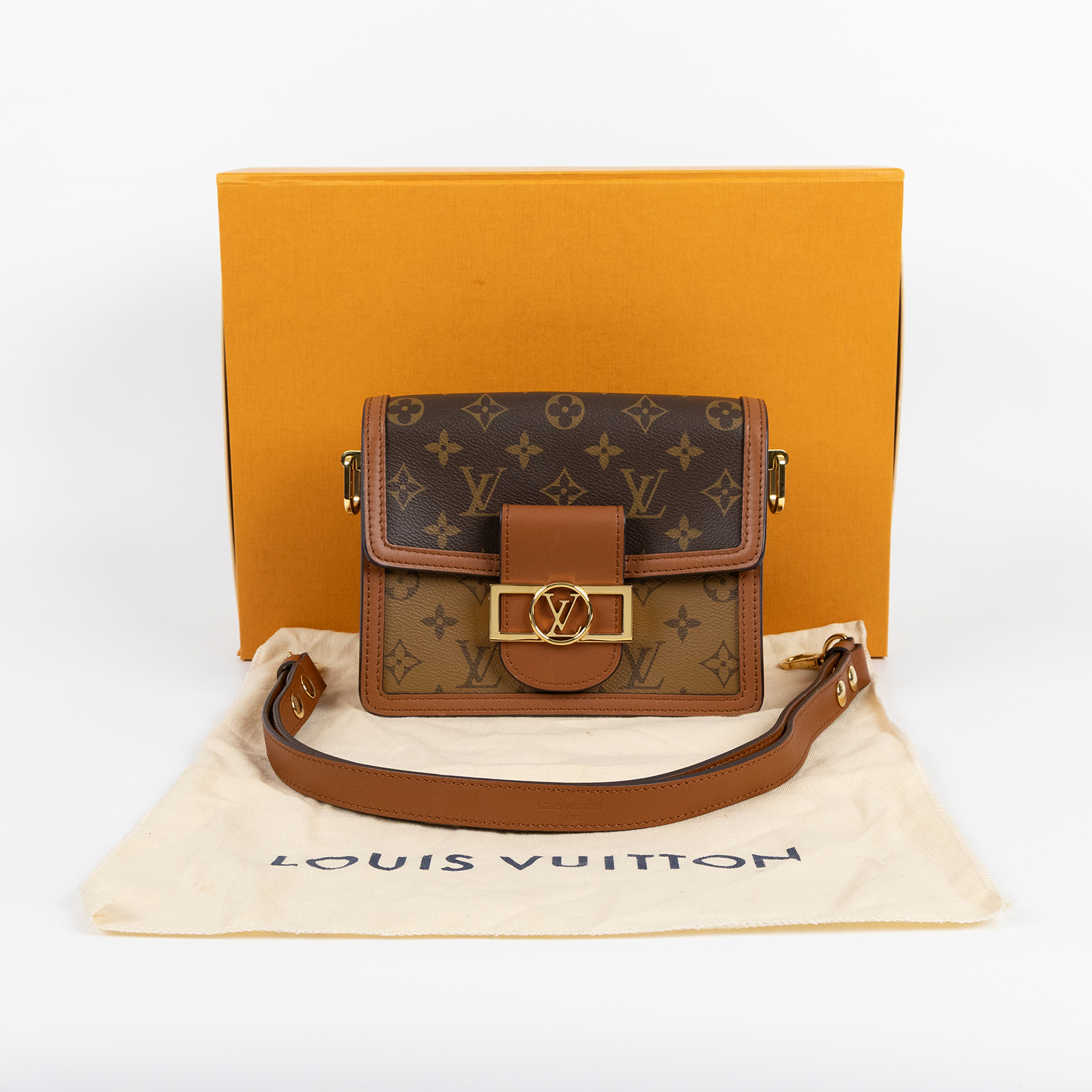 路易威登 LOUIS VUITTON Mini Dauphine 達芙妮 Reverse皮革飾邊 帆布肩背 斜背包 M45959  防塵袋/原廠盒子/背帶