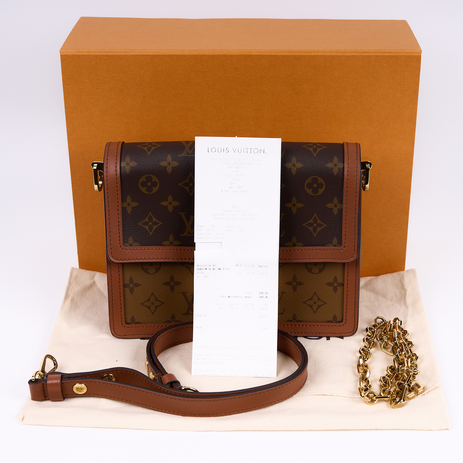 路易威登 LOUIS VUITTON Dauphine MM 手提包 雙色翻蓋斜背 鏈帶包 M45958  原廠盒子/防塵袋/購買證明/背帶2