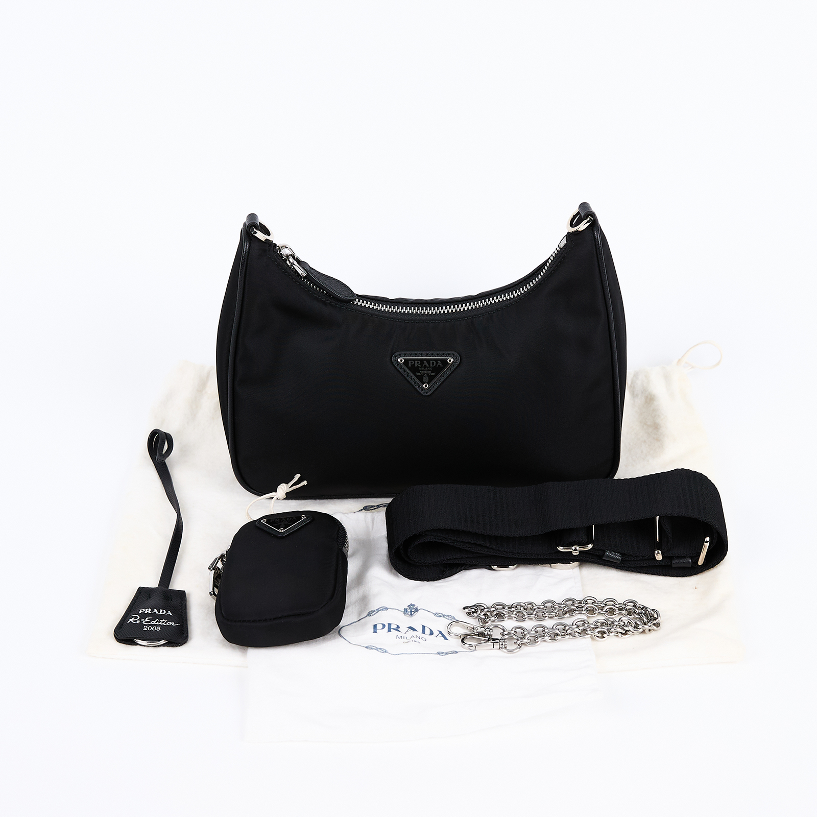 普拉達 PRADA Re-Edition 2005 Re-Nylon 手袋 1BH204_R064 黑銀NYLON三合一 HOBO 背帶2/防塵袋/內袋/吊牌
