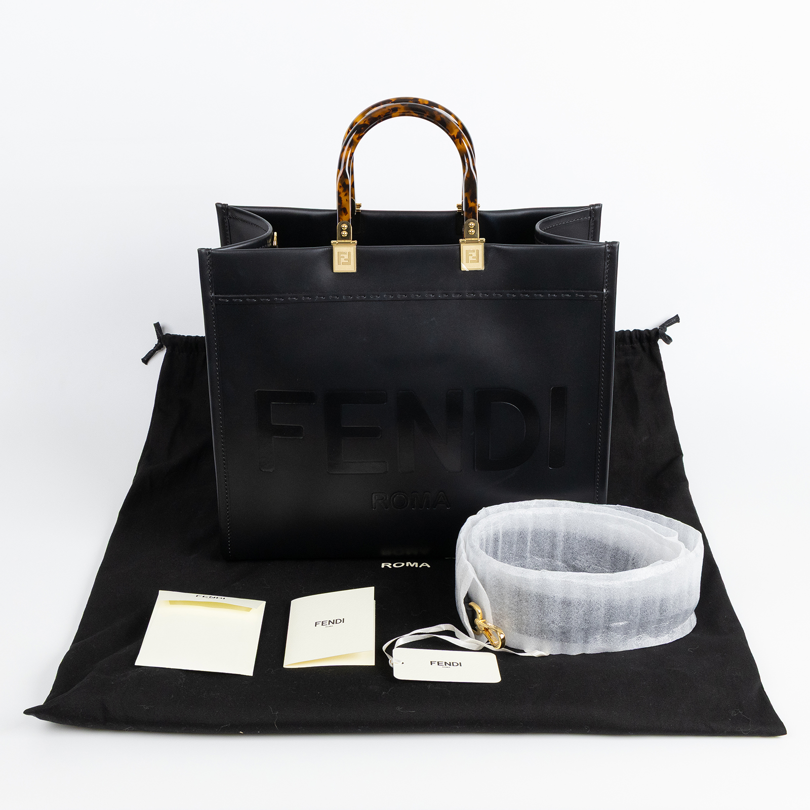 芬迪 FENDI Sunshine 中型 皮革 手提袋 8BH386ABVL 黑SUNSHINE托特包 防塵袋/背帶