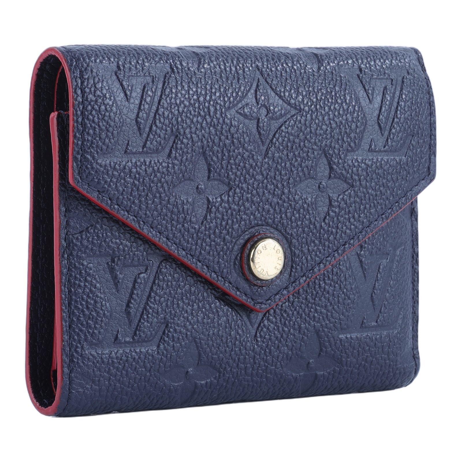 路易威登 LOUIS VUITTON Victorine 壓花皮革 三折暗釦 短夾 海軍藍 紅色 M64577 晶片款  原廠盒子/防塵袋