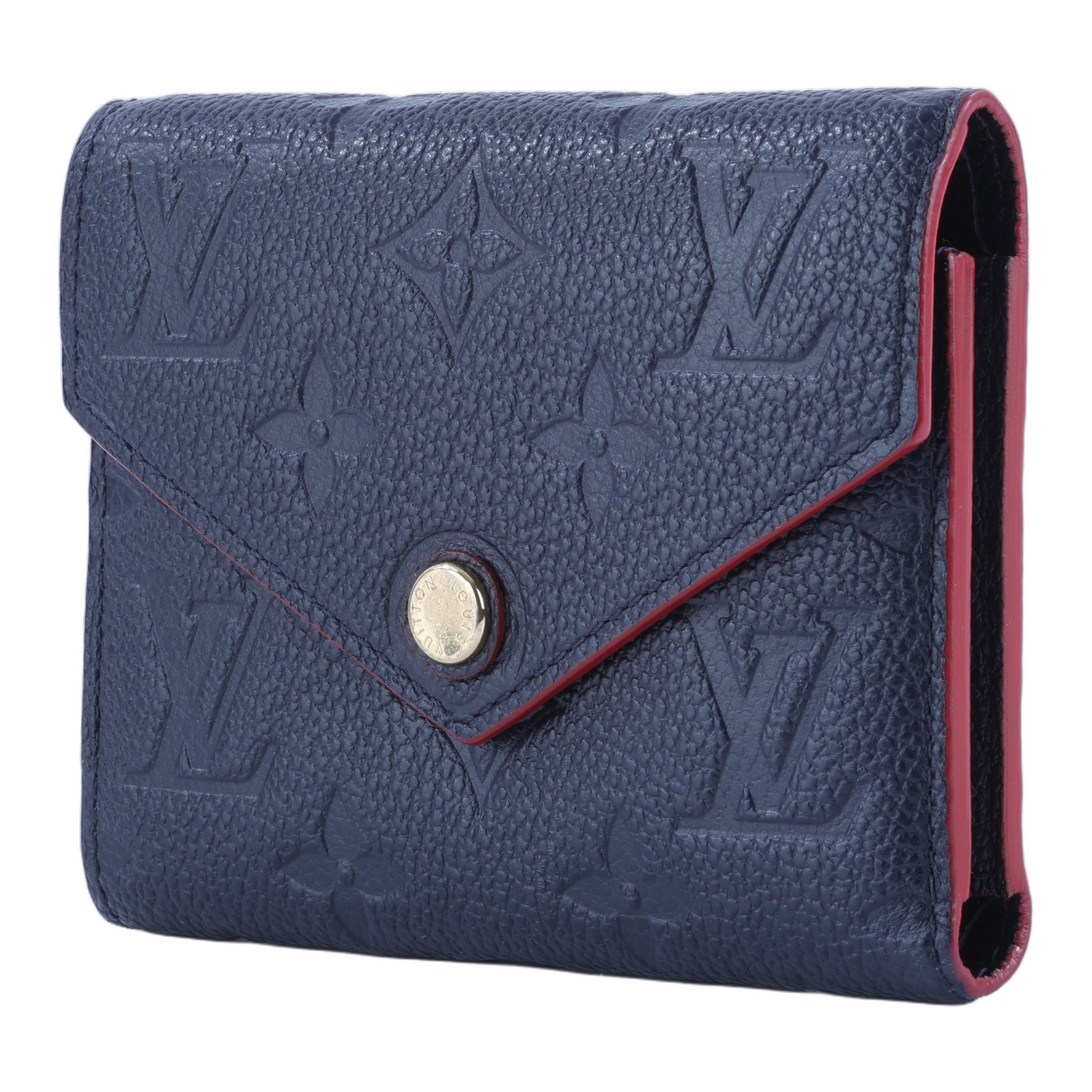 路易威登 LOUIS VUITTON Victorine 壓花皮革 三折暗釦 短夾 海軍藍 紅色 M64577 晶片款  原廠盒子/防塵袋