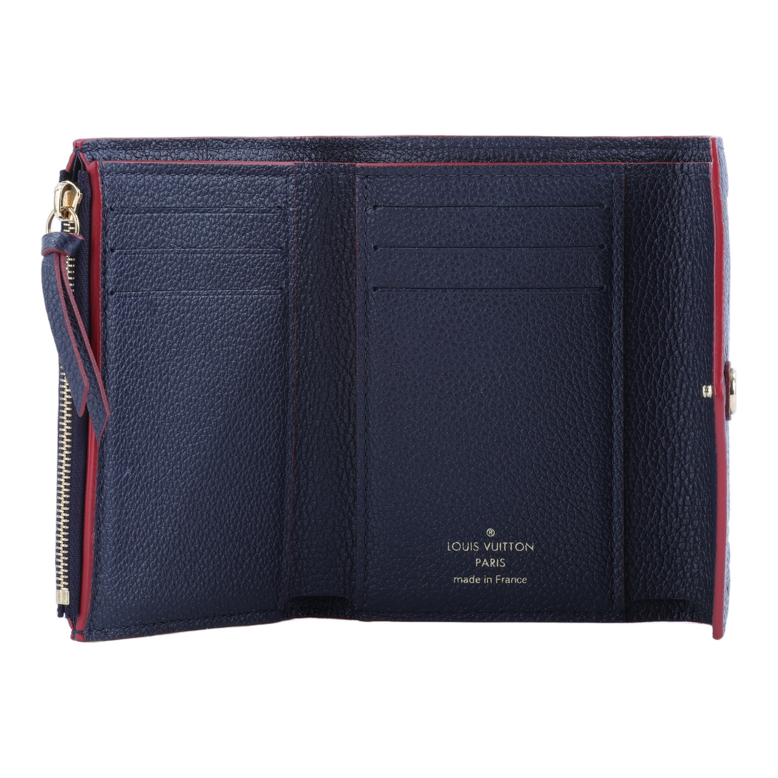 路易威登 LOUIS VUITTON Victorine 壓花皮革 三折暗釦 短夾 海軍藍 紅色 M64577 晶片款  原廠盒子/防塵袋
