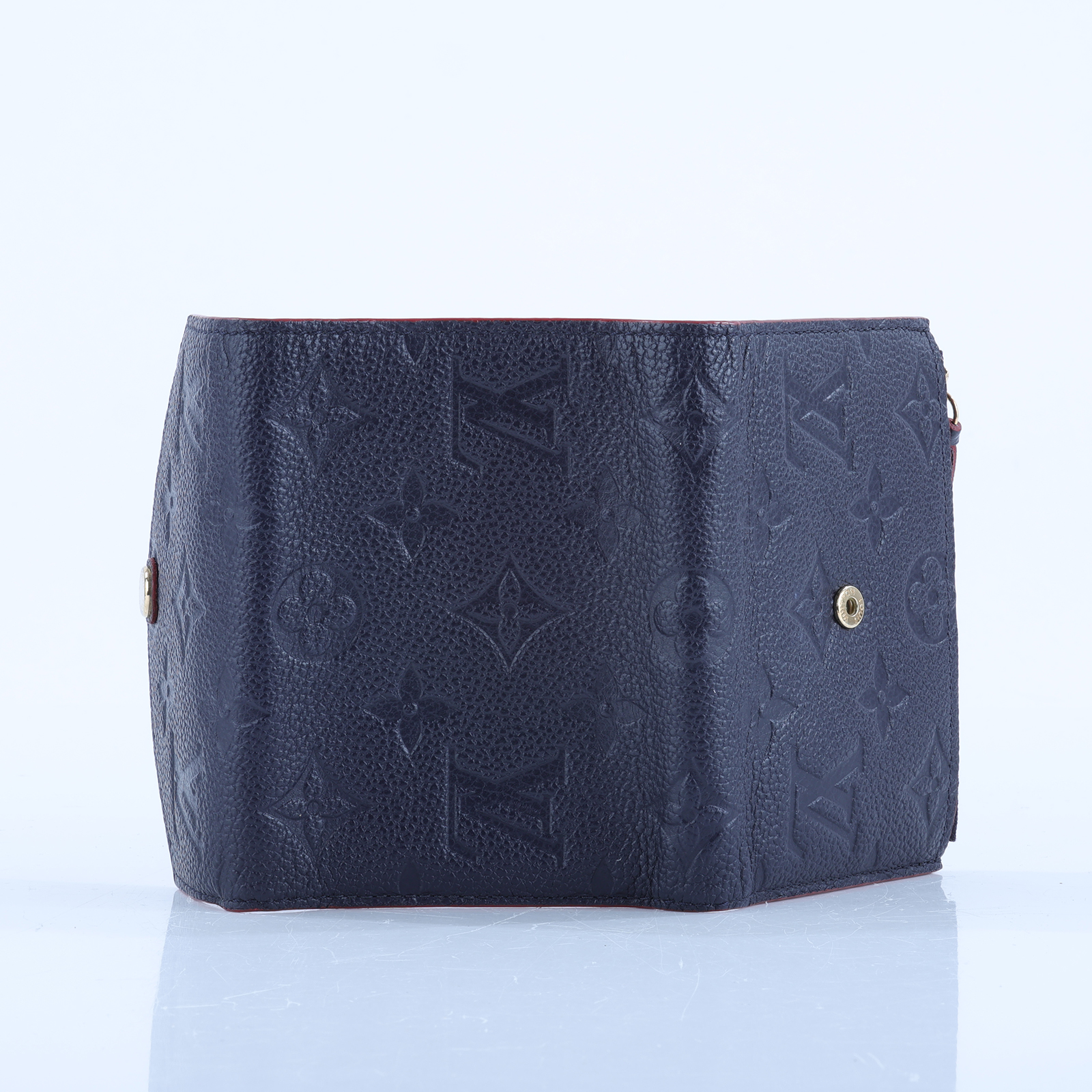 路易威登 LOUIS VUITTON Victorine 壓花皮革 三折暗釦 短夾 海軍藍 紅色 M64577 晶片款  原廠盒子/防塵袋