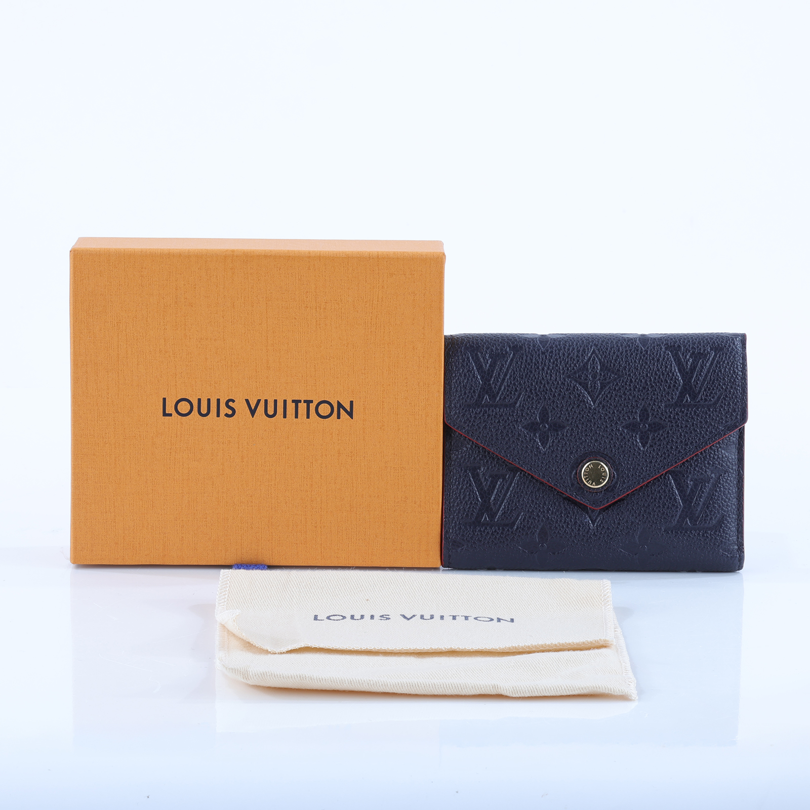 路易威登 LOUIS VUITTON Victorine 壓花皮革 三折暗釦 短夾 海軍藍 紅色 M64577 晶片款  原廠盒子/防塵袋