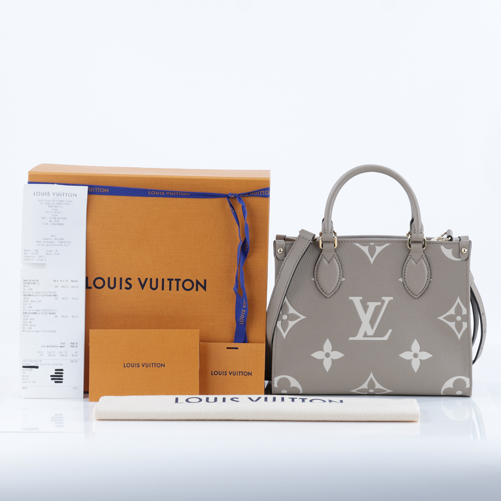 路易威登 LOUIS VUITTON OnTheGo PM 手提 肩背包 雙色 斑鳩米色 奶油色  M45779 晶片款  原廠盒子/防塵袋/背帶/購買證明