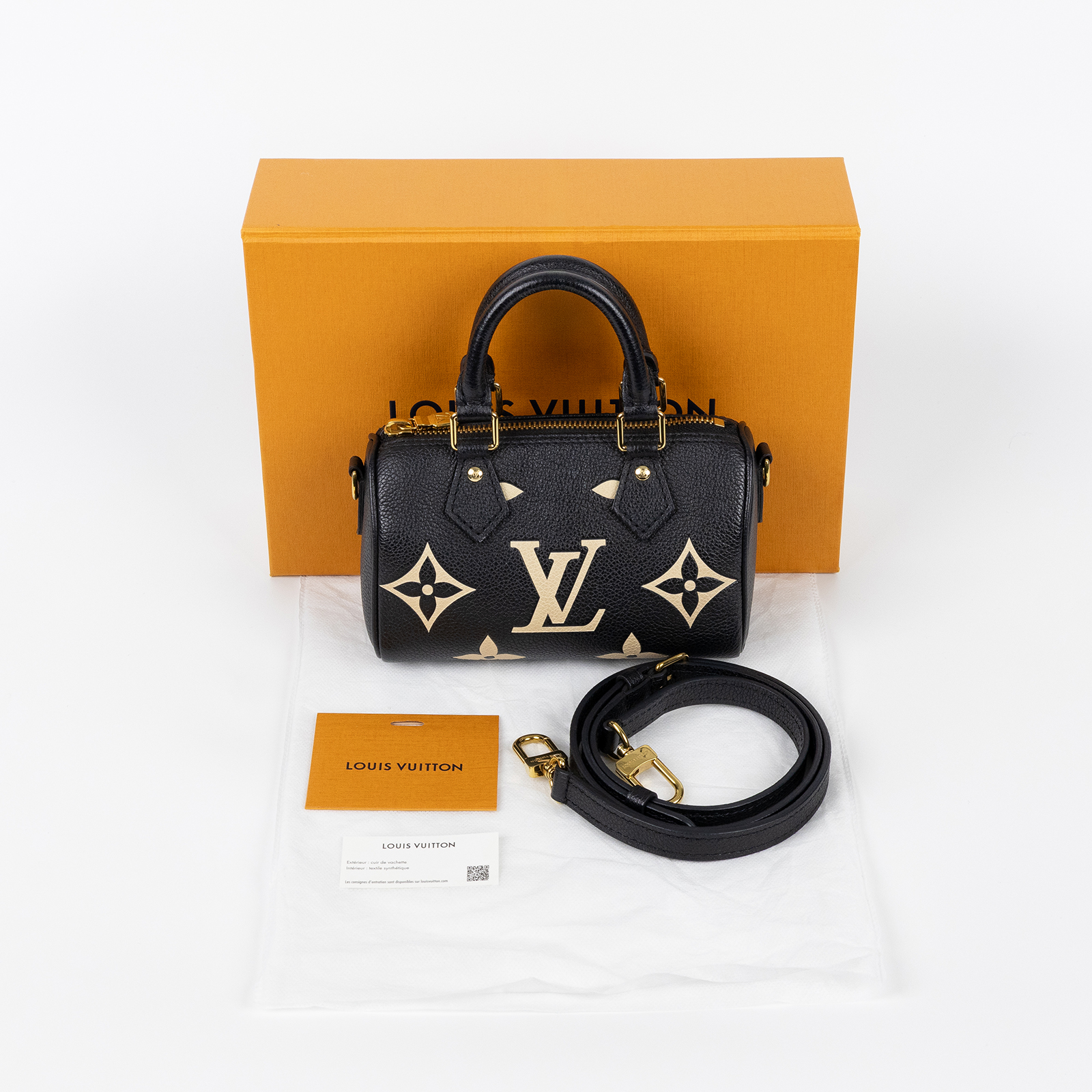路易威登 LOUIS VUITTON Nano Speedy 雙色 手提 肩背包 M81456 晶片款 黑白壓花NANO SPEEEDY 原廠盒子/背帶