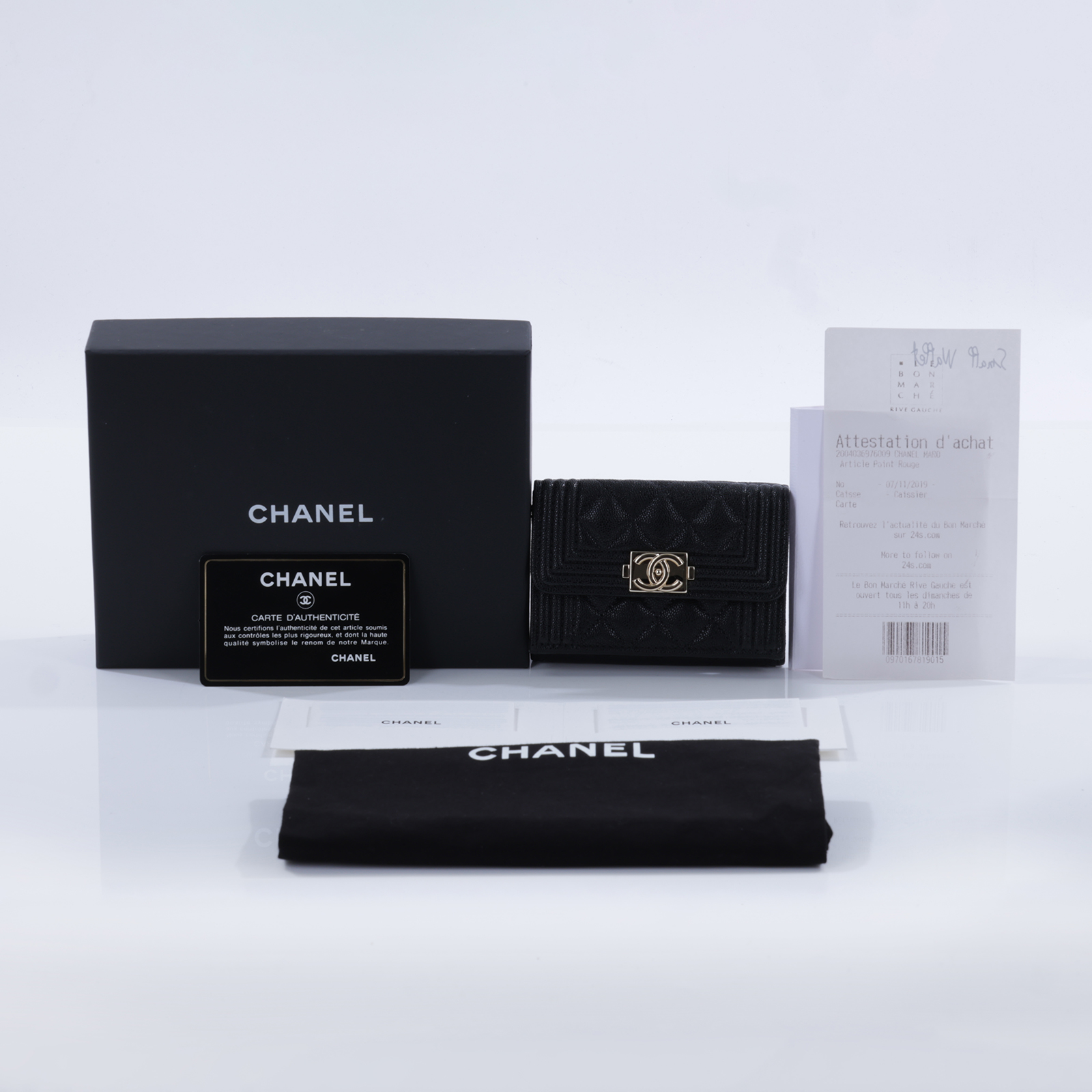 香奈兒 CHANEL BOY 口蓋卡片夾 卡夾 A80603 28開黑金荔枝BOY三折短夾 原廠盒子/防塵袋/購買證明/保證卡