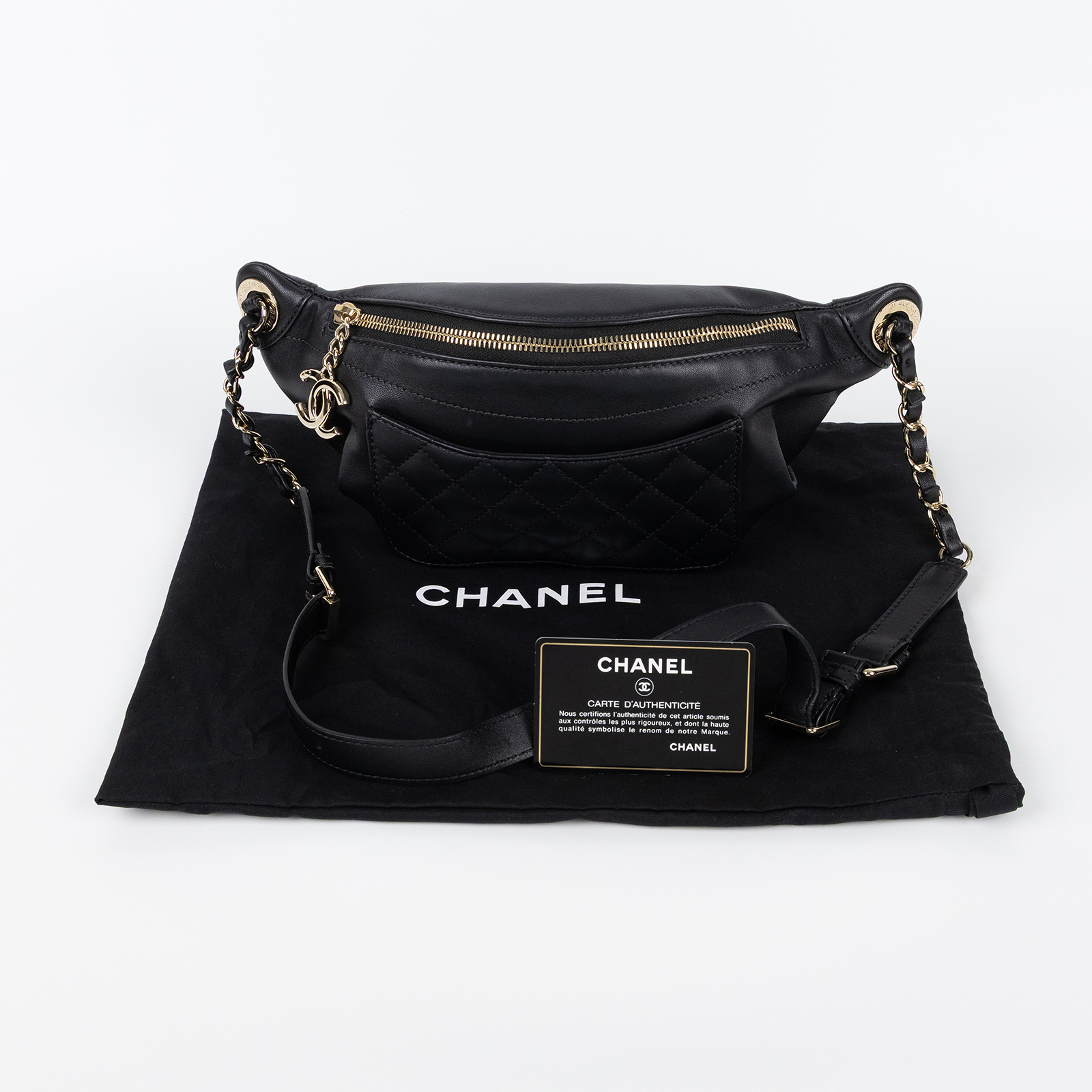 香奈兒 CHANEL 菱格紋 拉鍊 胸口包 腰包 A57832 28開黑淡金菱格腰包 防塵袋/保證卡