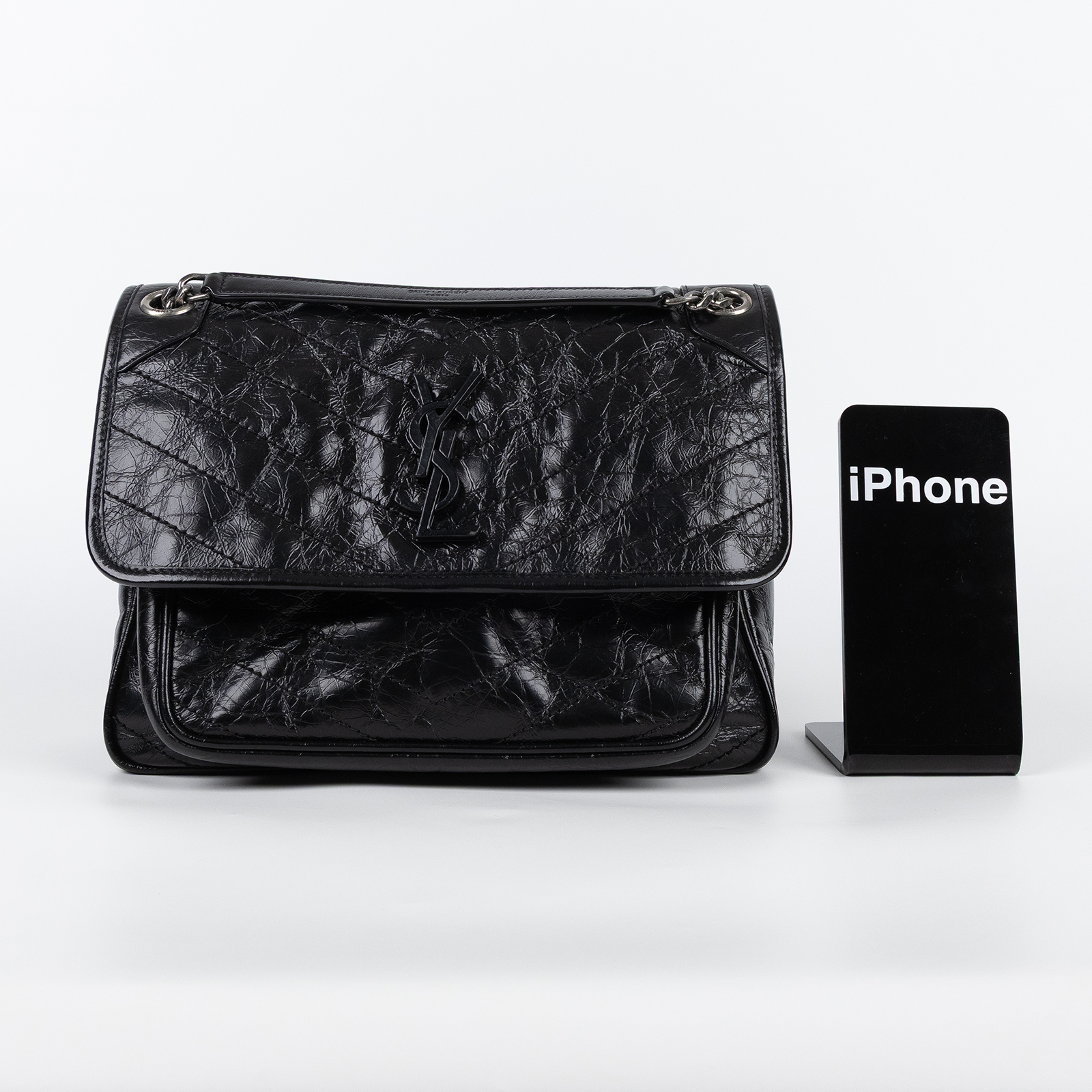 聖羅蘭 YSL SAINT LAURENT Niki 復古皮革 中型手袋 銀色五金 6331580EN04 黑NIKI MEDIUM 防塵袋