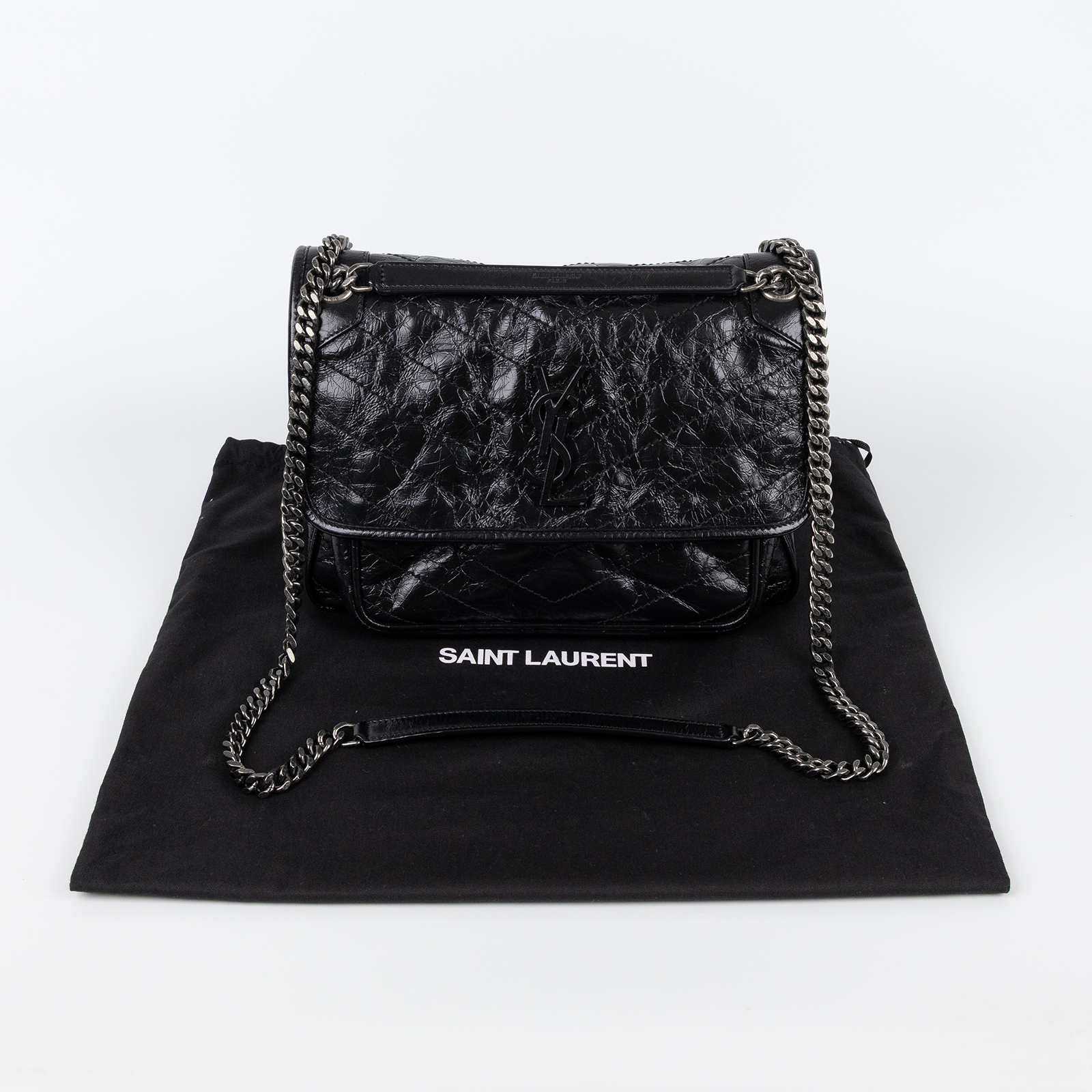 聖羅蘭 YSL SAINT LAURENT Niki 復古皮革 中型手袋 銀色五金 6331580EN04 黑NIKI MEDIUM 防塵袋