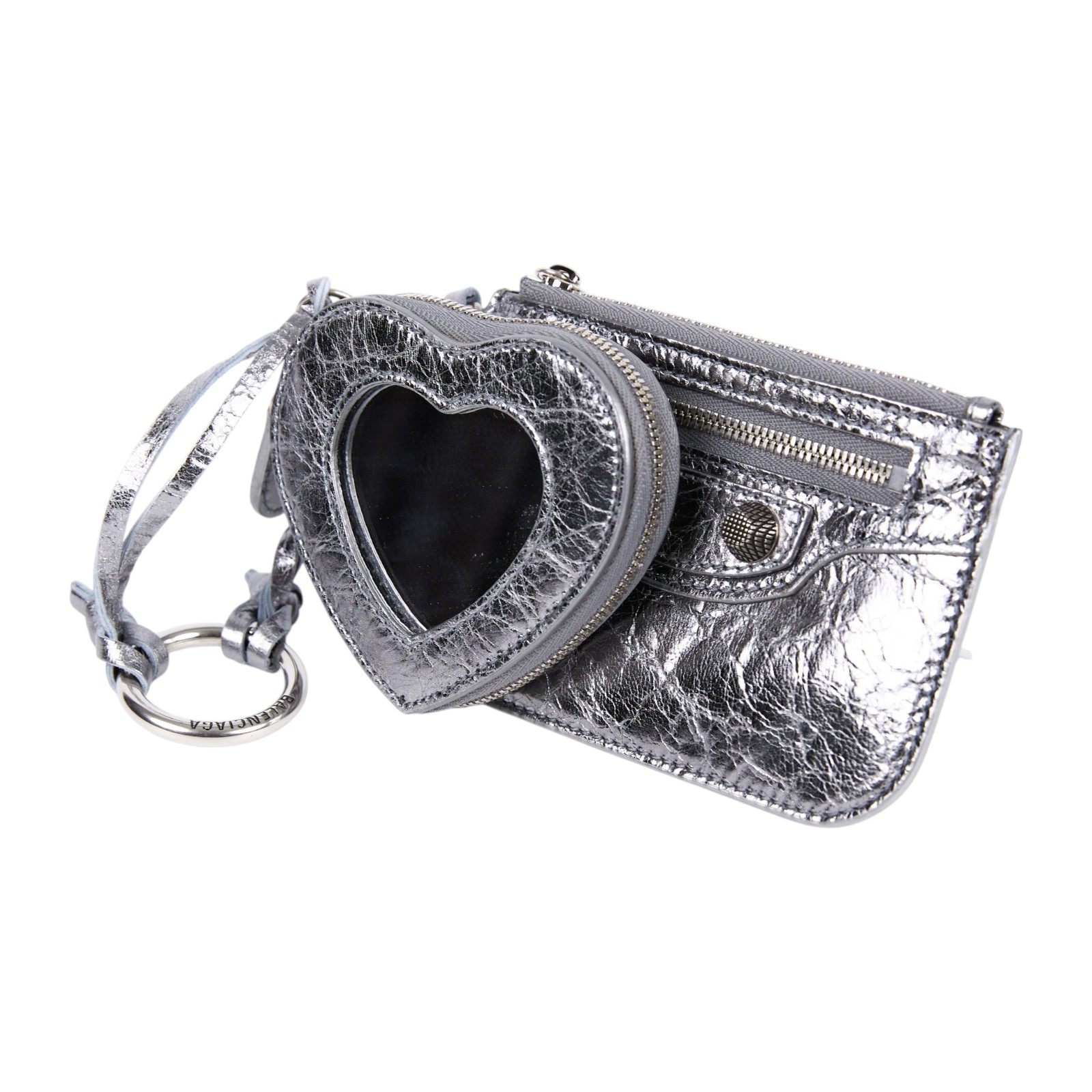 巴黎世家 BALENCIAGA LE CAGOLE CLIP ON CARD 卡夾  銀色愛心鏡卡包掛件組 原廠盒子/防塵袋