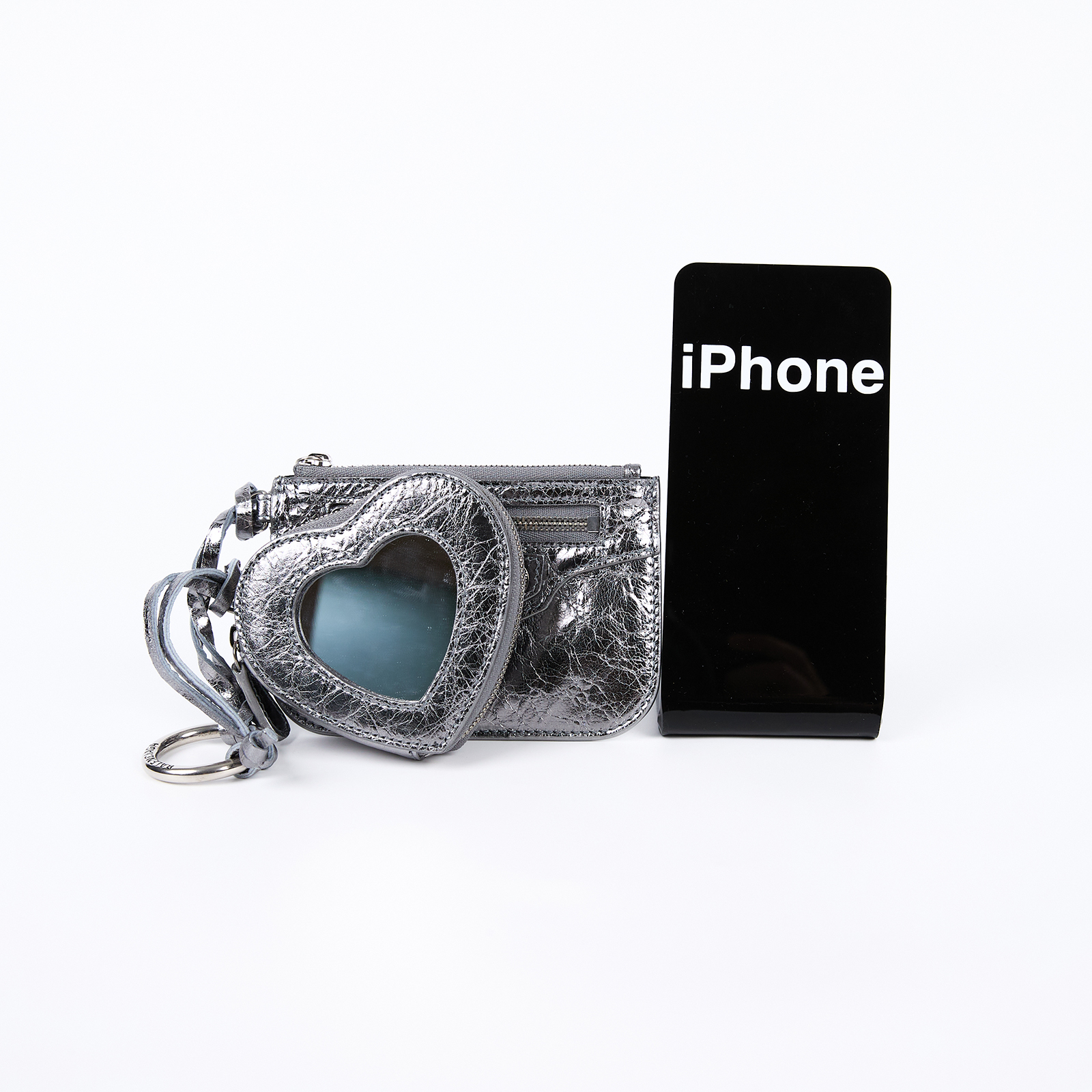 巴黎世家 BALENCIAGA LE CAGOLE CLIP ON CARD 卡夾  銀色愛心鏡卡包掛件組 原廠盒子/防塵袋