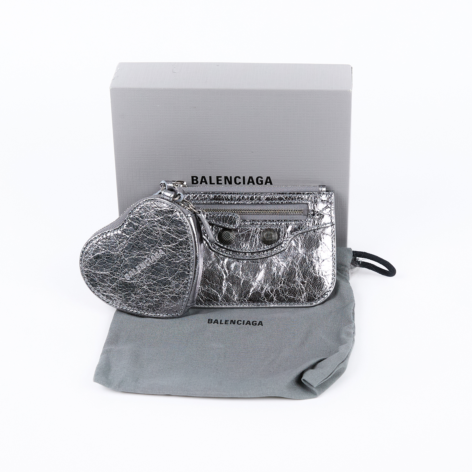 巴黎世家 BALENCIAGA LE CAGOLE CLIP ON CARD 卡夾  銀色愛心鏡卡包掛件組 原廠盒子/防塵袋
